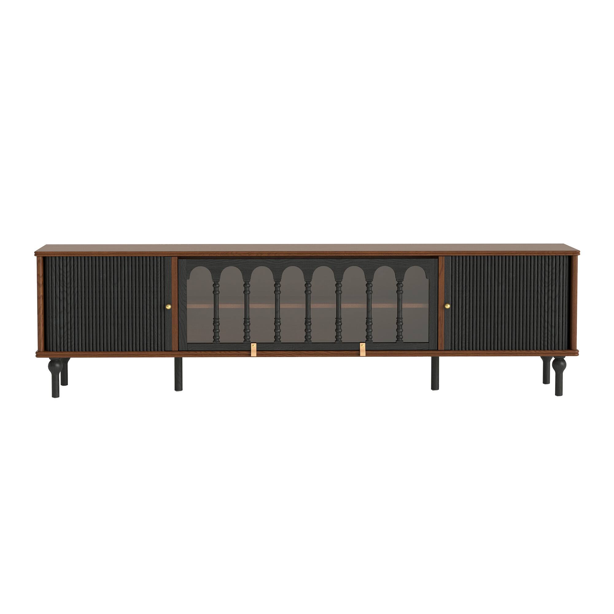 Alt View 6. luck idea - Modern 78.74" TV Stand with Sliding Doors, Arched Glass Panels, Metal Handles, Solid Wood Legs & Cable Management - Walnut Color.