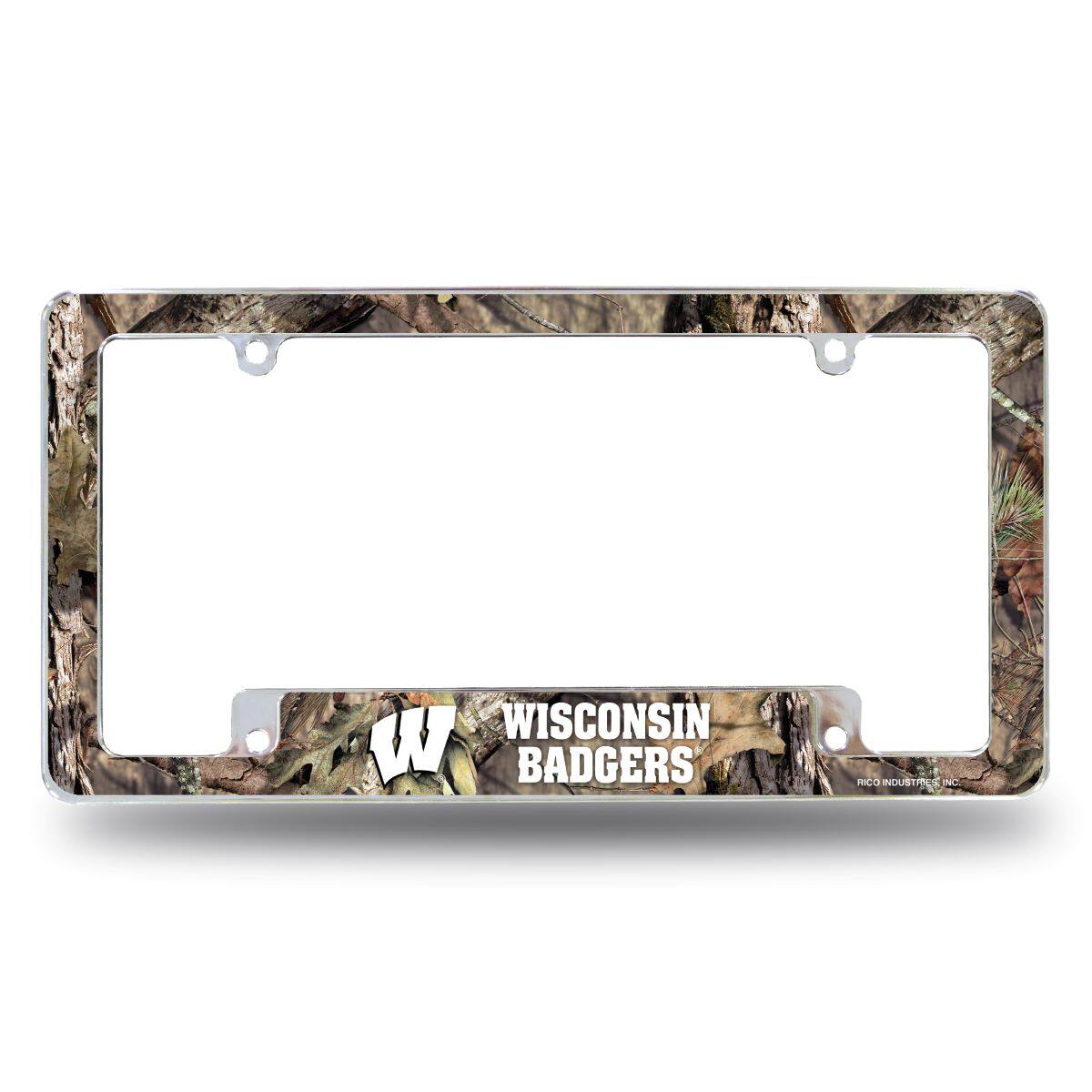 Wisconsin Badgers Chrome Metal License Plate Frame with Bold Mossy Oak Camouflaged Camo Design