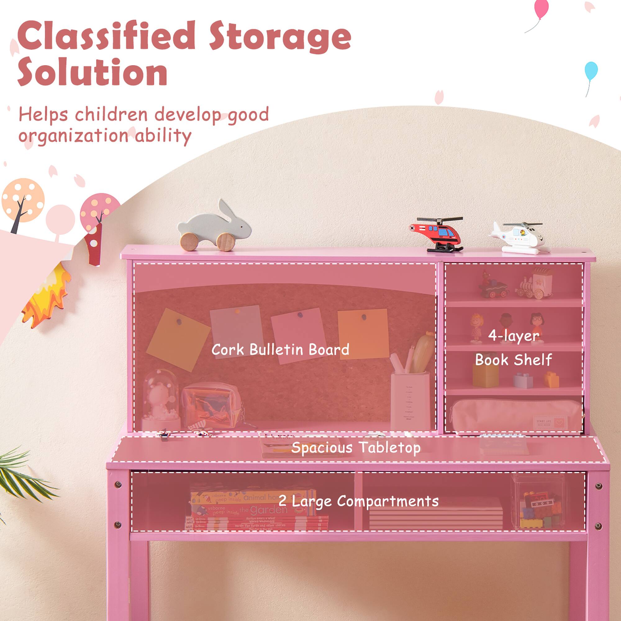 Classified Storage Solution  
Helps children develop good organization ability  

Cork Bulletin Board  
Spacious Tabletop  
4-layer Book Shelf  
2 Large Compartments