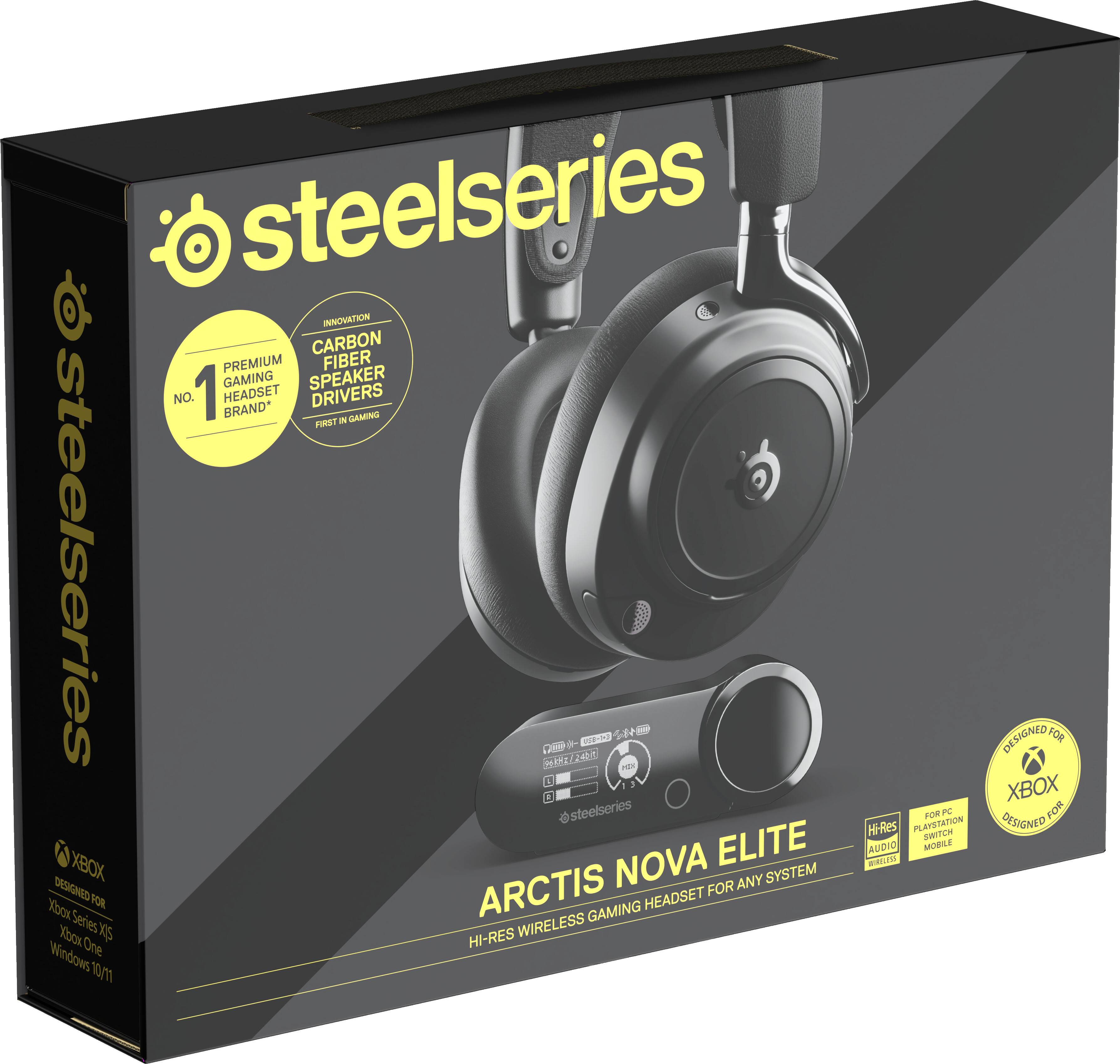steelseries  
steelseries  
steelseries  

1. PREMIUM GAMING HEADSET BRAND*  
2. INNOVATION CARBON FIBER SPEAKER DRIVERS  
3. FIRST IN GAMING  

ARCTIS NOVA ELITE  
HI-RES WIRELESS GAMING HEADSET FOR ANY SYSTEM  

DESIGNED FOR  
XBOX  
Xbox Series X|S  
Xbox One  
Windows 10/11  

DESIGNED FOR  
XBOX  
Xbox Series X|S  
Xbox One  
Windows 10/11  

FOR PC  
PLAYSTATION  
SWITCH  
MOBILE  

steelseries