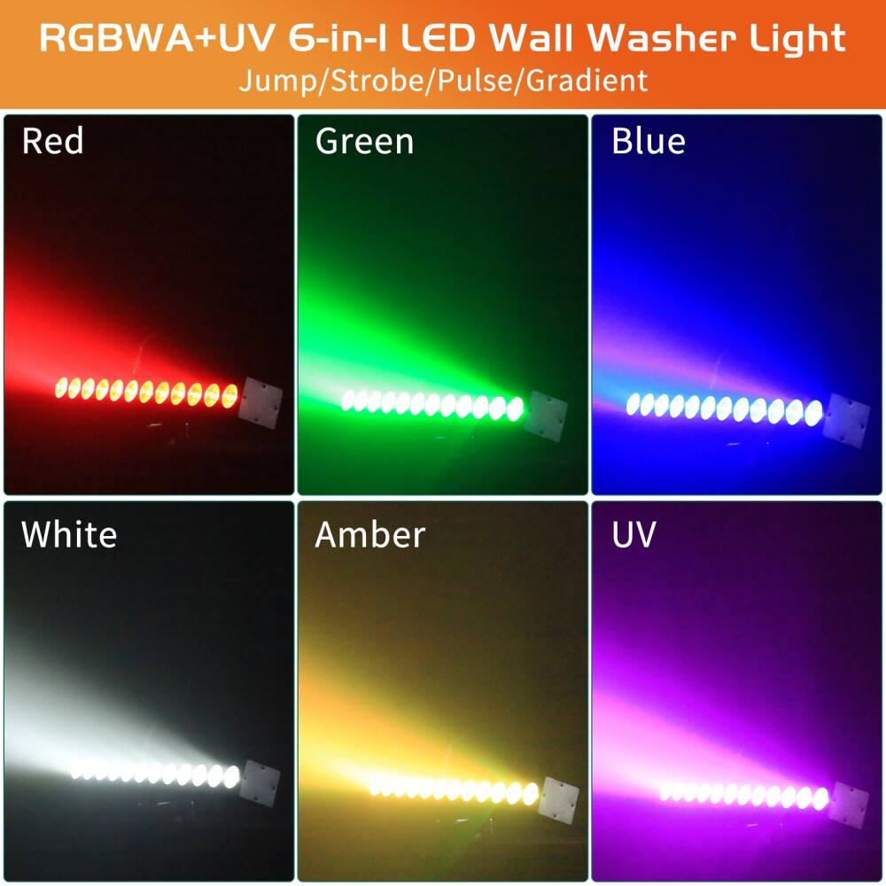 RGBWA+UV 6-in-1 LED Wall Washer Light  
Jump/Strobe/Pulse/Gradient  

Red  
Green  
Blue  
White  
Amber  
UV