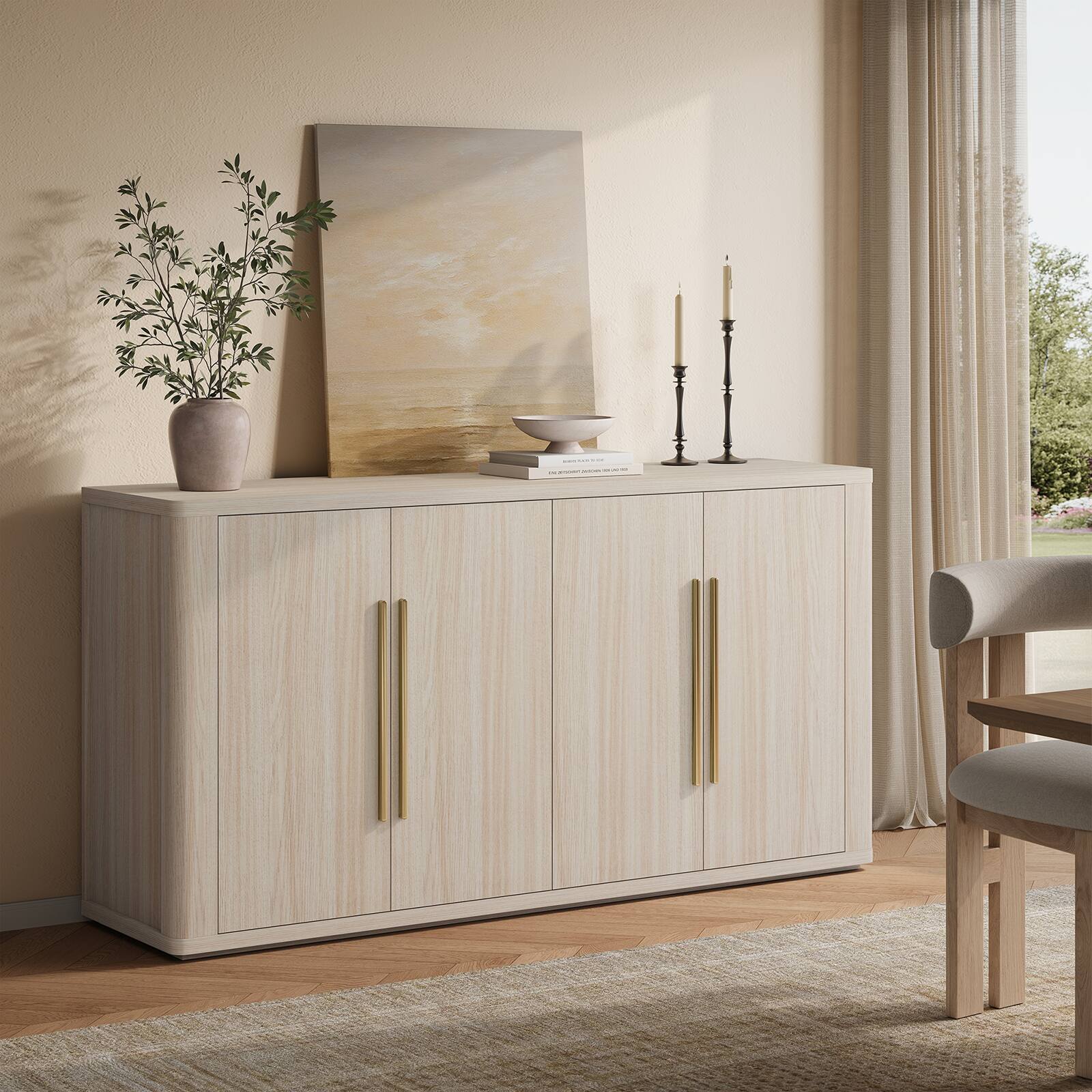 Angle. ModernMate - 60" Modern Sideboard Buffet Cabinet with Storage, Beige Oak Accent Credenza, Adjustable Shelves & Cord Management - Light Oak.