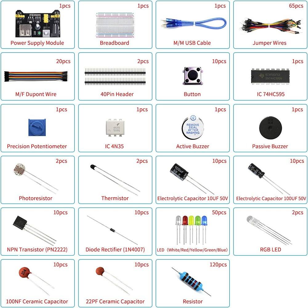 1pcs Power Supply Module  
1pcs Breadboard  
1pcs M/M USB Cable  
65pcs Jumper Wires  
20pcs M/F Dupont Wire  
2pcs 40Pin Header  
1pcs Button  
1pcs IC 74HC595  
1pcs Precision Potentiometer  
1pcs IC 4N35  
1pcs Active Buzzer  
1pcs Passive Buzzer  
2pcs Photosistor  
2pcs Thermistor  
10pcs NPN Transistor (PN2222)  
10pcs Diode Rectifier (1N4007)  
10pcs Electrolytic Capacitor 10UF 50V  
10pcs Electrolytic Capacitor 100UF 50V  
50pcs LED (White/Red/Yellow/Green/Blue)  
2pcs RGB LED  
10pcs 100NF Ceramic Capacitor  
10pcs 22PF Ceramic Capacitor  
120pcs Resistor