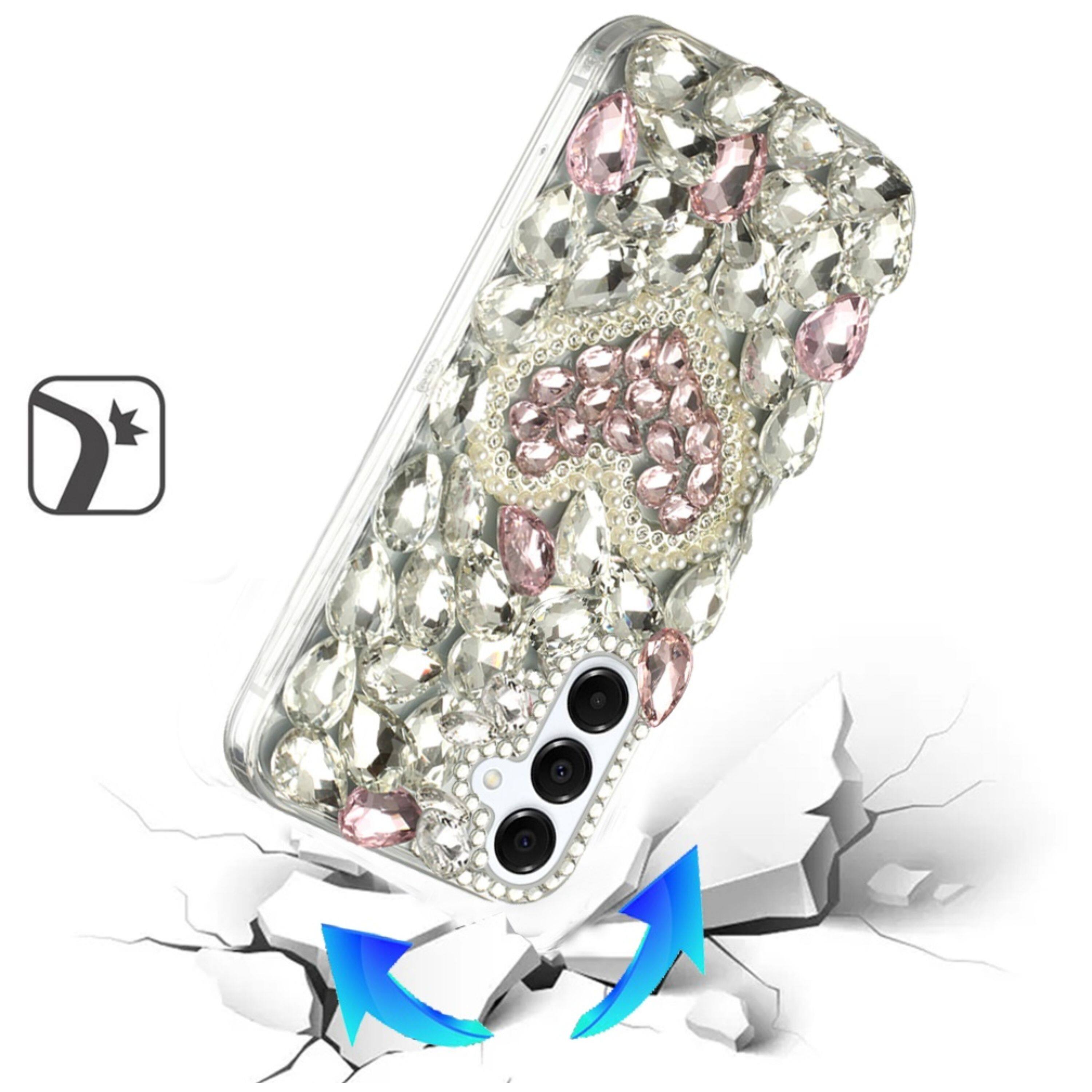 Angle. Kitcheniva - Full Diamond Bling 3D Jewel Ornaments Plus Tempered Glass For Samsung S25 FE Hearty Pink Pearl Heart - Multicolor.
