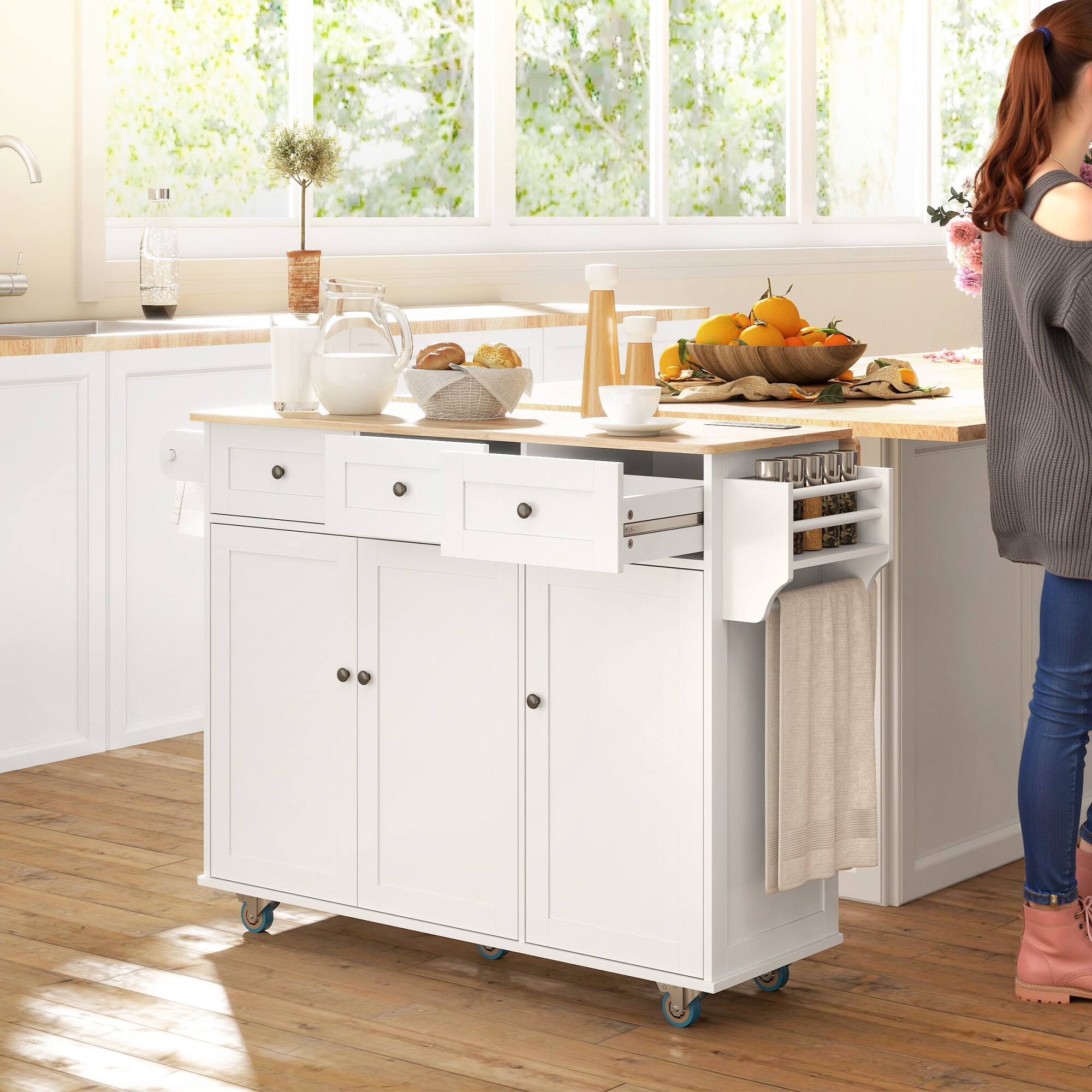 Alt View 1. Homcom - Island on Wheels with Drop Leaf, Charging Station, Rolling Kitchen Cart with Wood Top - White.