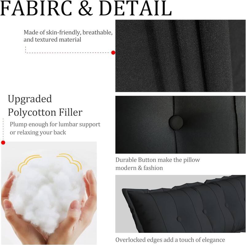 **FABRIC & DETAIL**

Made of skin-friendly, breathable, and textured material.

**Upgraded Polycotton Filler**
Plump enough for lumbar support or relaxing your back.

**Durable Button**
Makes the pillow modern & fashion.

**Overlocked Edges**
Add a touch of elegance.