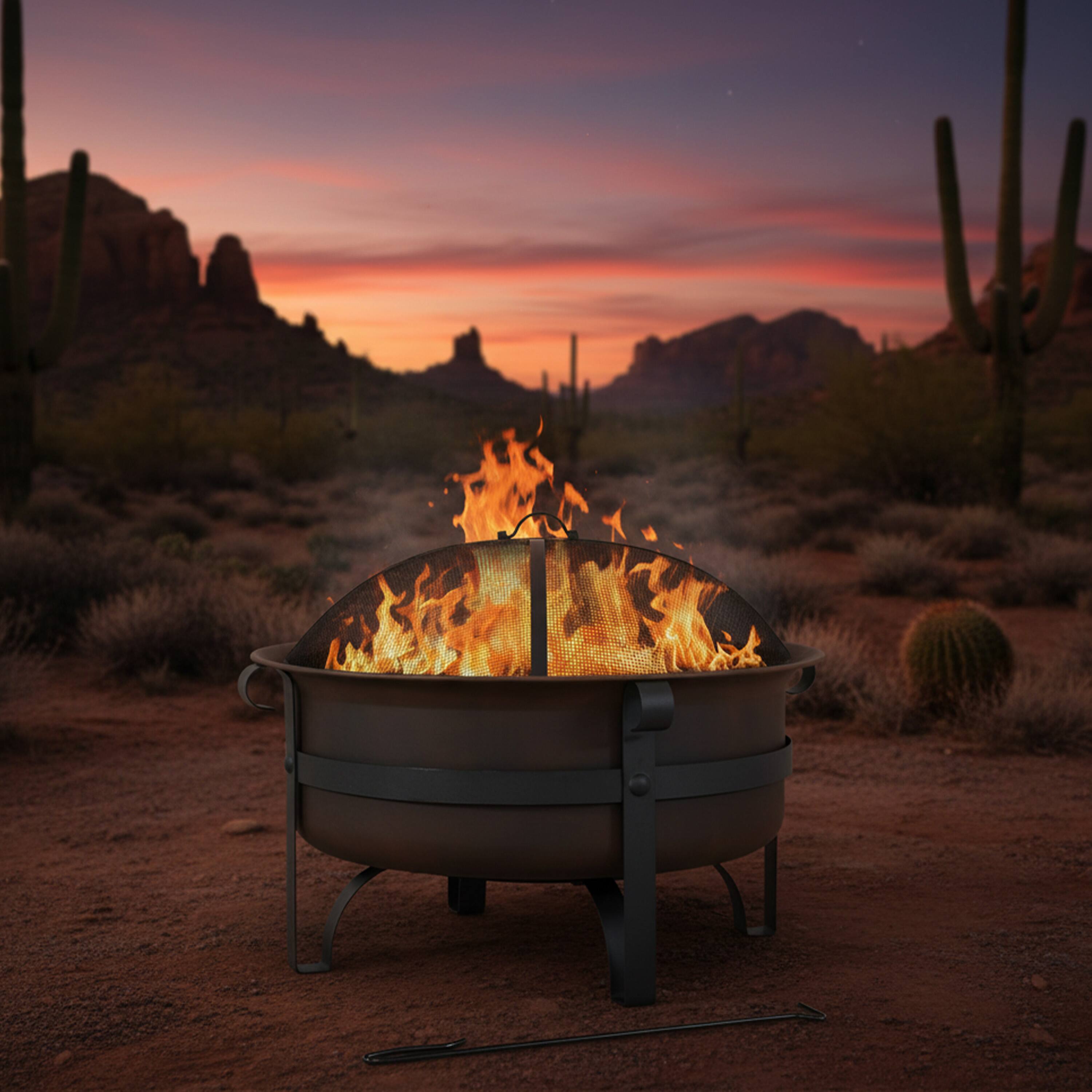 Alt View 2. Sunnydaze - 29 in Cauldron Style Steel Fire Pit with Spark Screen - Bronze.