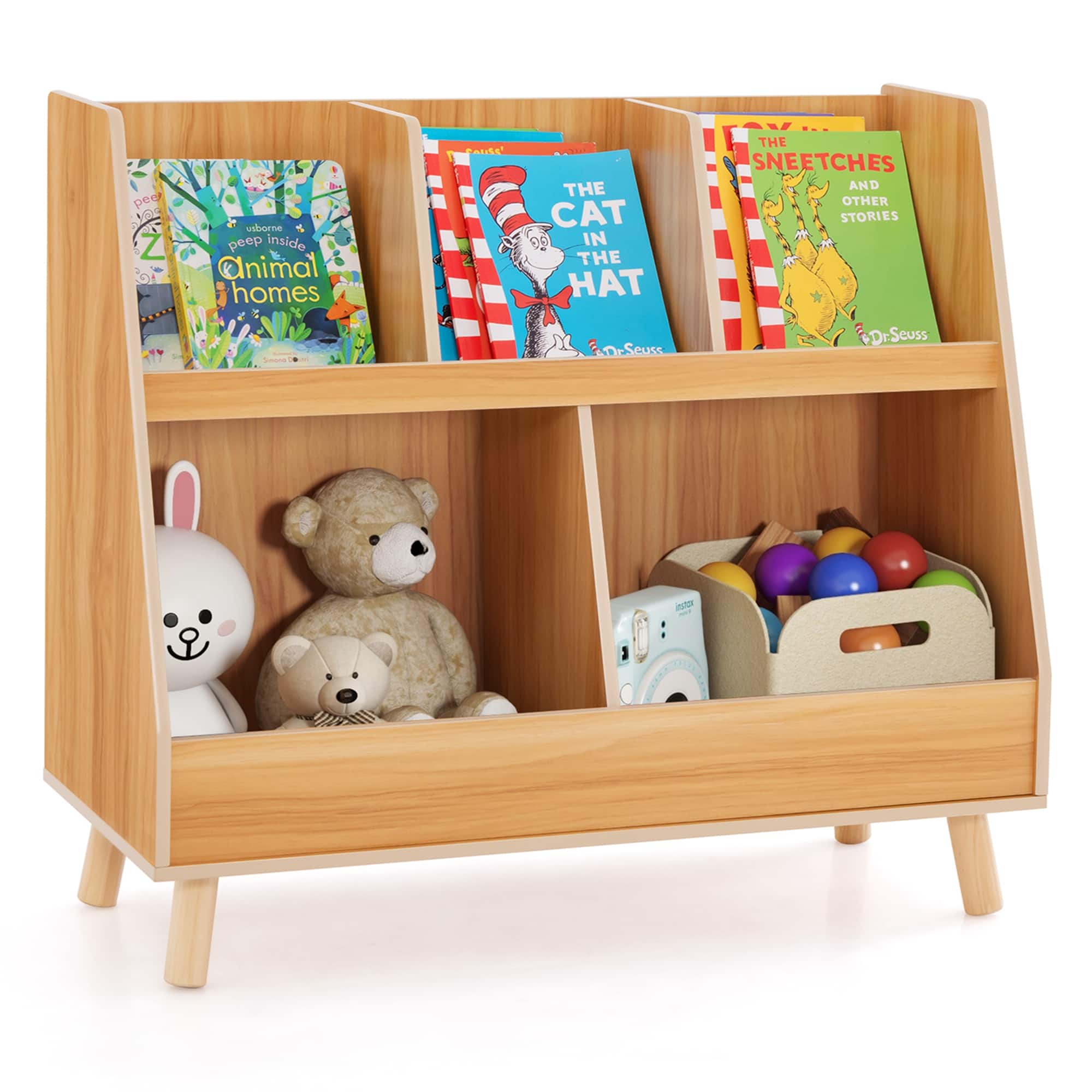 Costway - 5-Cube Kids Bookshelf and Toy Organizer Wooden Storage Bookcase with Wood Legs - Natural