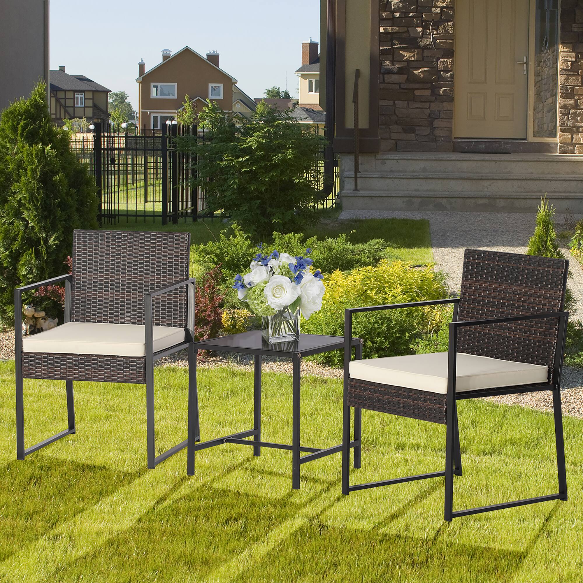 Alt View 4. Gymax - Gymax 3PCS Patio Rattan Hand-Woven PE Wicker Bistro Set Outdoor Furniture Set w/ Table & Cushion - Off White.