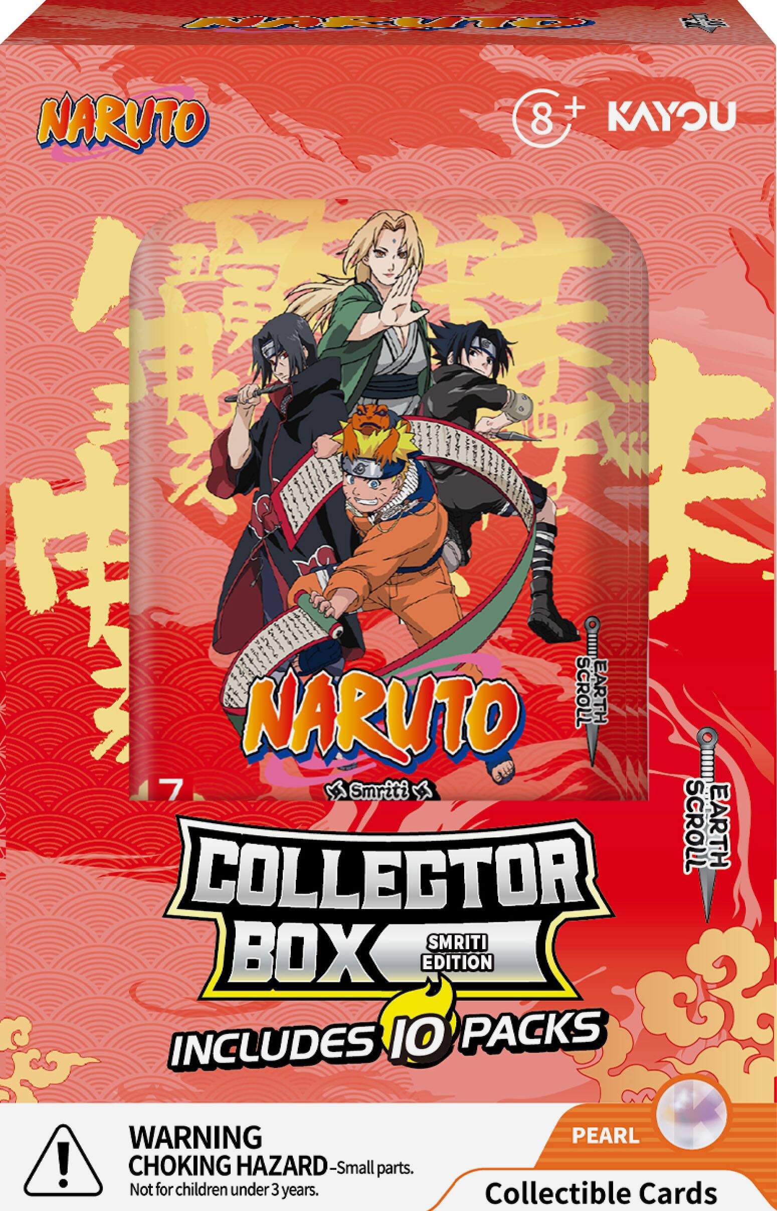 NARUTO  
8+ KAYOU  
NARUTO SCROLL EARTH 7 Smriti SCROLL EARTH COLLECTOR SMRITI BOX EDITION INCLUDES 10 PACKS  
WARNING CHOKING HAZARD-Small parts. Not for children under 3 years.  
PEARL Collectible Cards