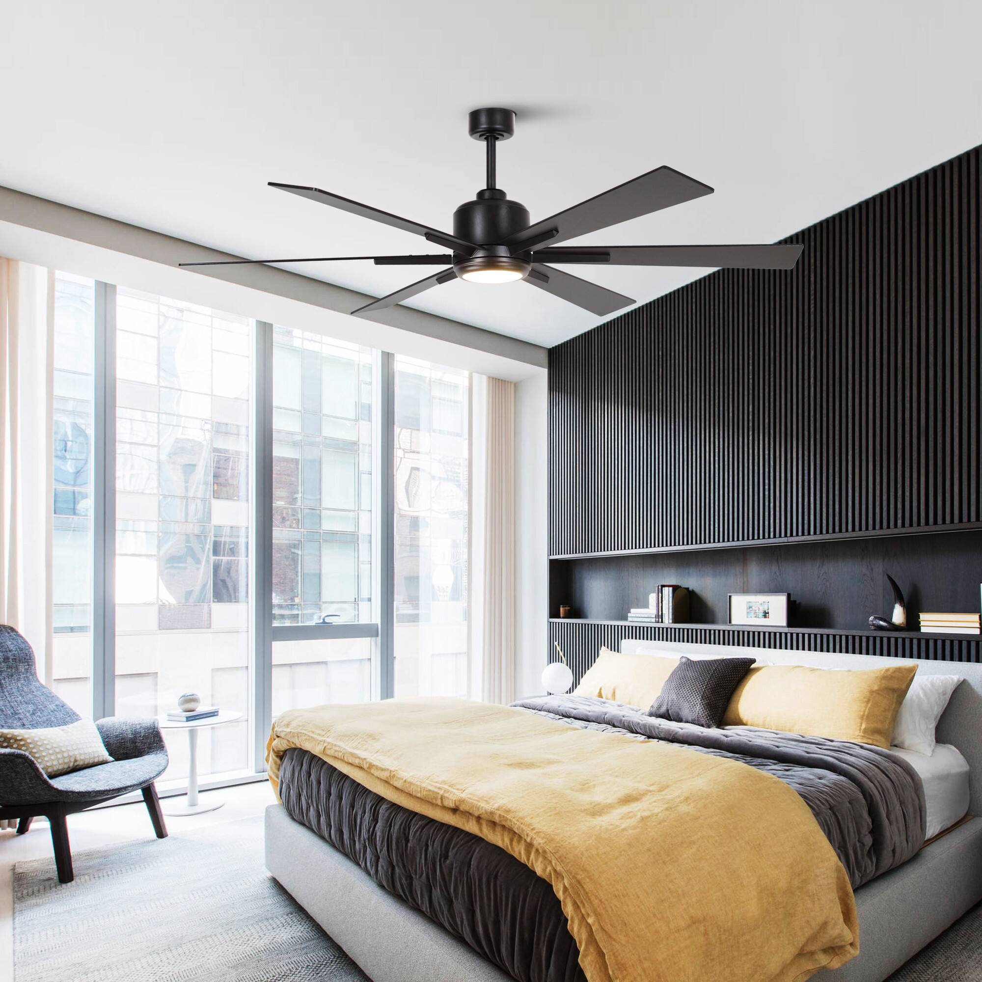 Angle. Parrot Uncle - 65" Modern Black Windmill LED Ceiling Fan with Remote Control and Lights - Black.