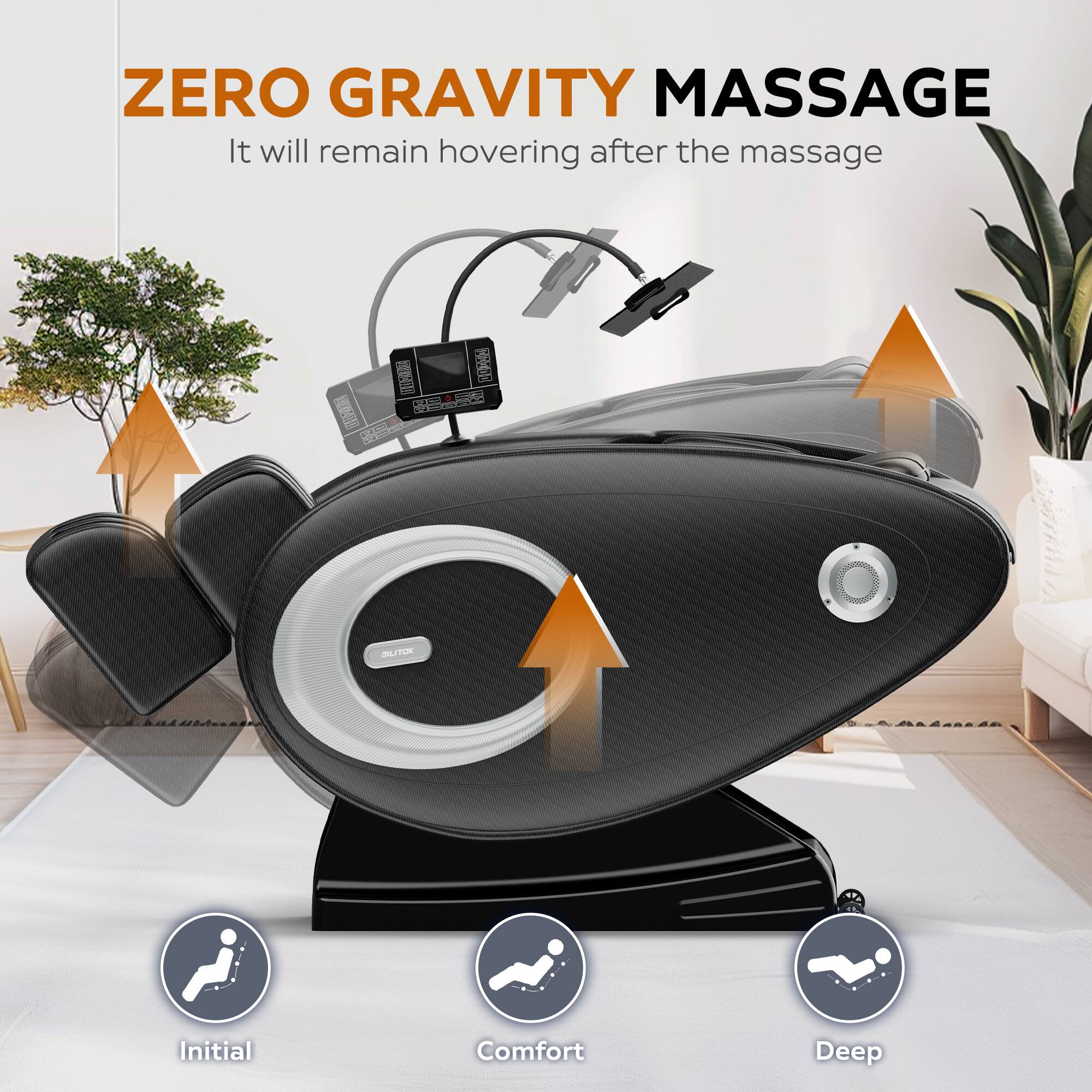 ZERO GRAVITY MASSAGE  
It will remain hovering after the massage  

Initial  
Comfort  
Deep