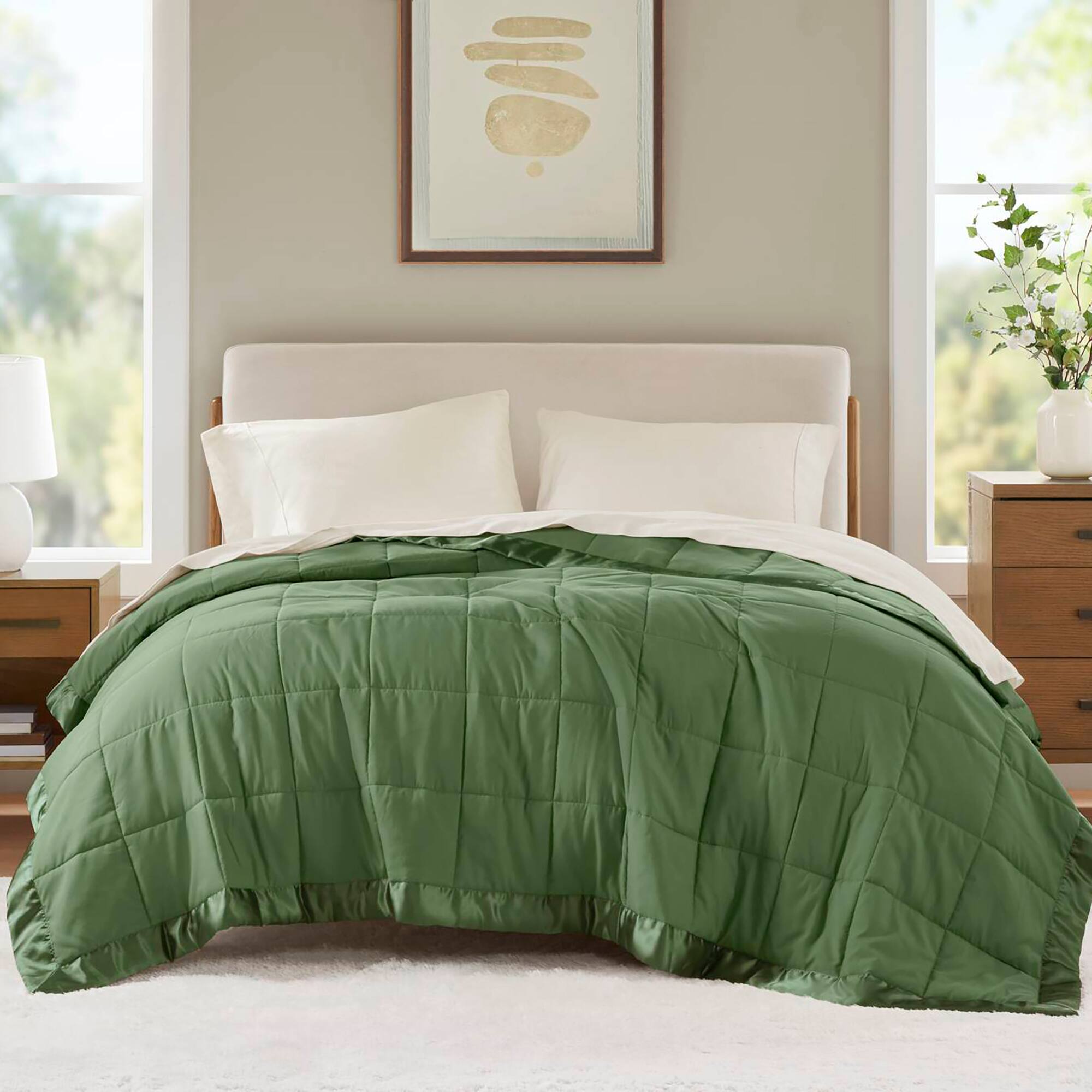 Alt View 1. Gracie Mills - Seville Lightweight Down Alternative Blanket with Satin Trim - Green.