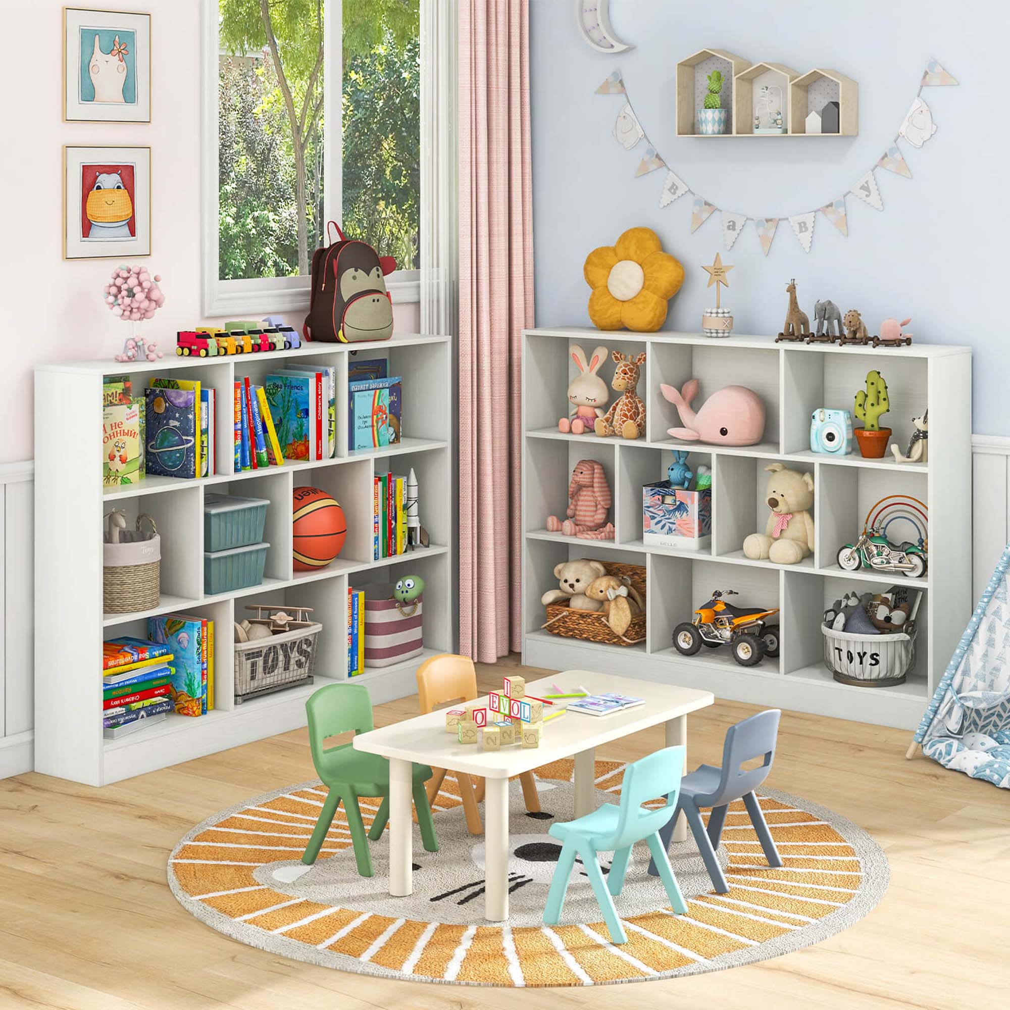 A child's room with a table and chairs, a bookshelf filled with books, and a rug on the floor. The room also has a window and a clock on the wall.