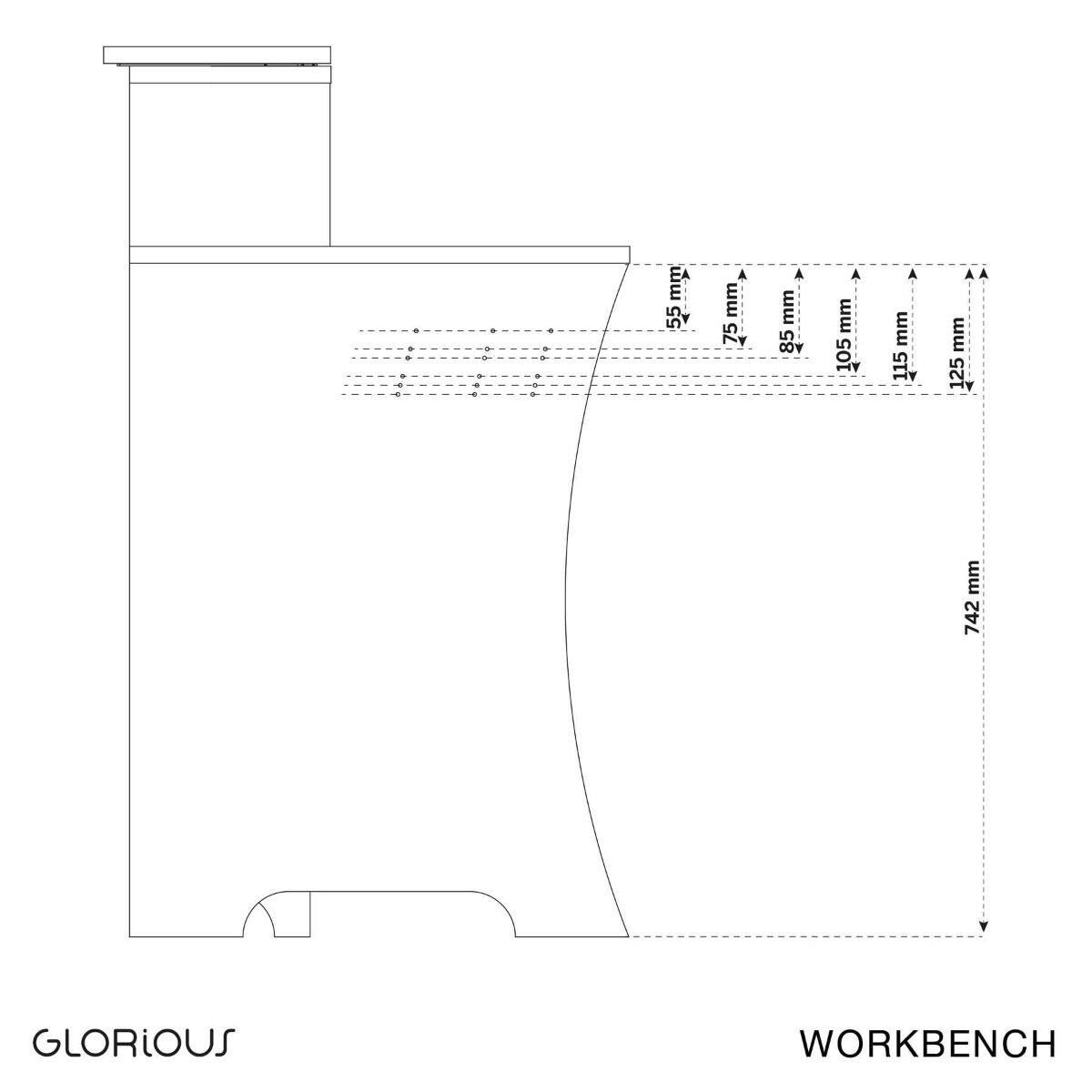 - 55 mm
- 75 mm
- 85 mm
- 105 mm
- 115 mm
- 125 mm
- 742 mm

GLORIOUS WORKBENCH