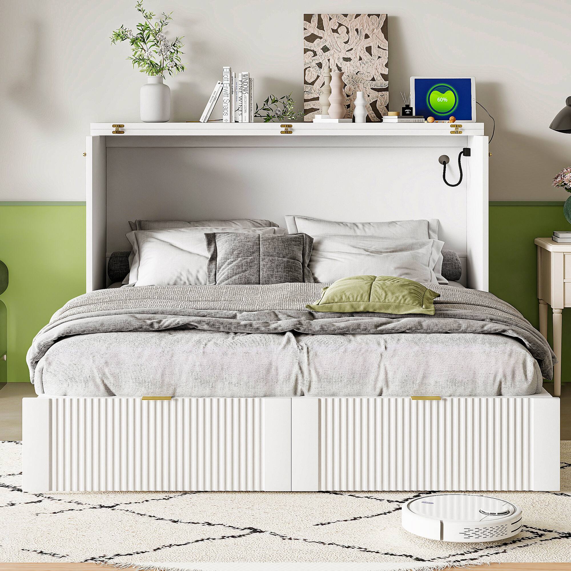Left. Tiramisubest - Full Size Murphy Bed with Drawer, Sockets, USB, Pulley, White, Plywood, 76x57x42 inches, 208 lbs - White.