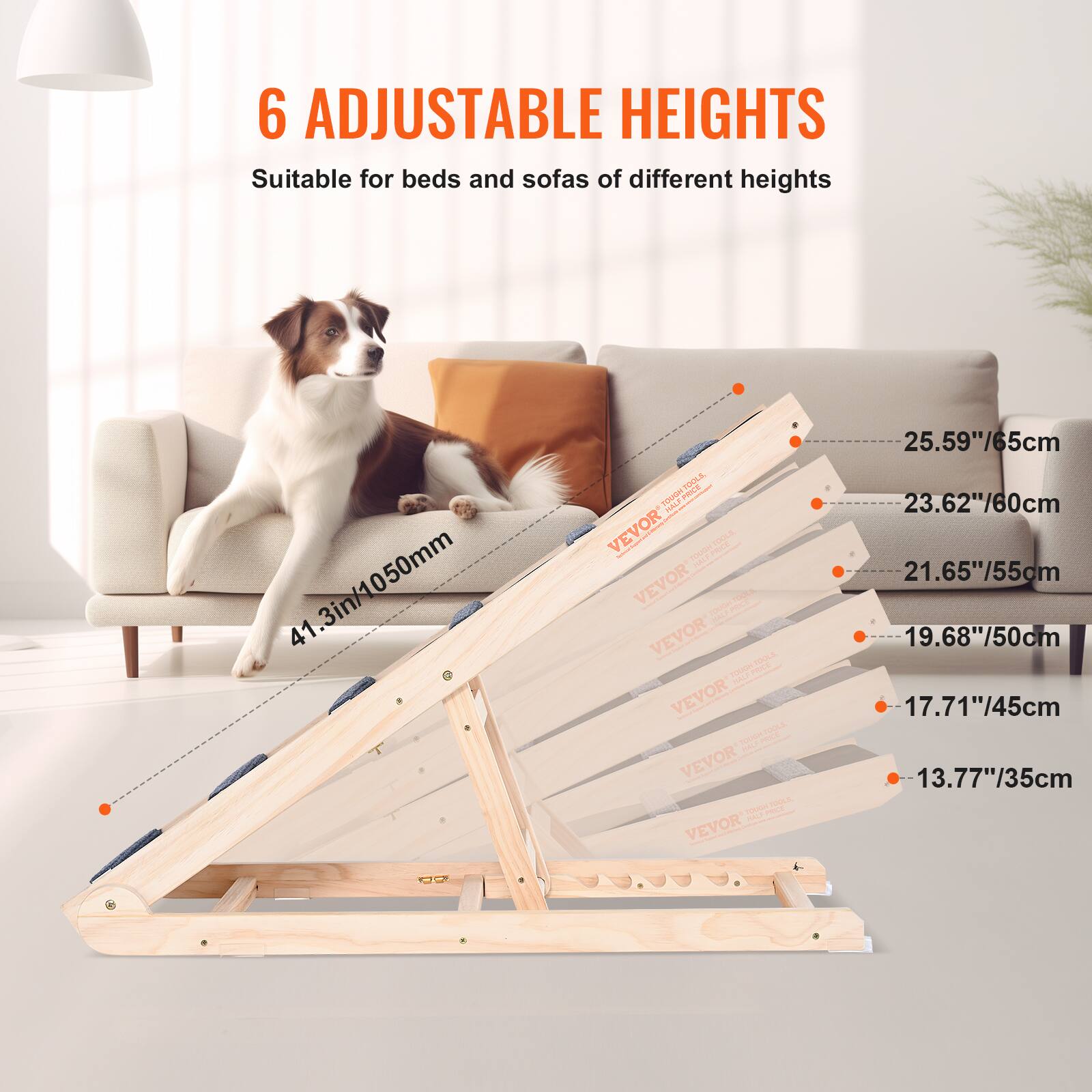 6 Adjustable Heights  
Suitable for beds and sofas of different heights  

41.3in/1050mm  
25.59"/65cm  
23.62"/60cm  
21.65"/55cm  
19.68"/50cm  
17.71"/45cm  
13.77"/35cm