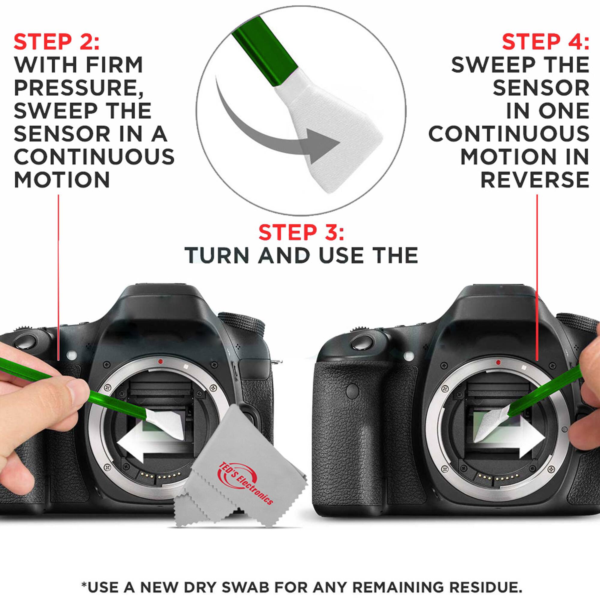 Sure, here is the corrected and grouped text:

---

**STEP 2:**  
WITH FIRM PRESSURE, SWEEP THE SENSOR IN A CONTINUOUS MOTION

**STEP 3:**  
TURN AND USE THE

**STEP 4:**  
SWEEP THE SENSOR IN ONE CONTINUOUS MOTION IN REVERSE

*USE A NEW DRY SWAB FOR ANY REMAINING RESIDUE.

---