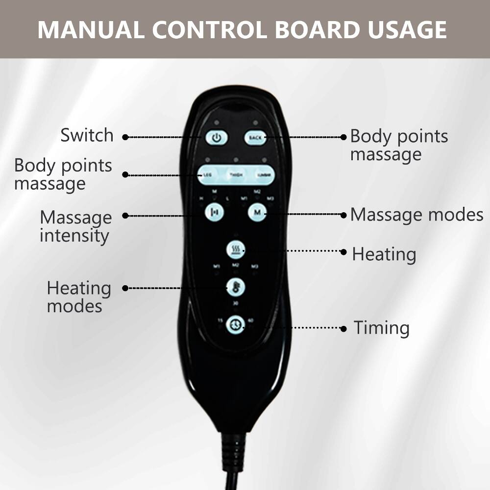 MANUAL CONTROL BOARD USAGE

- Switch
- Body points massage
- Massage intensity
- Heating modes

- Body points massage
- Massage modes
- Heating
- Timing