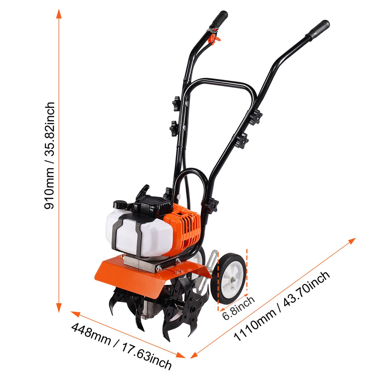 - Height: 910mm / 35.82inch
- Width: 1110mm / 43.70inch
- Depth: 448mm / 17.63inch
- Wheel Diameter: 6.8inch