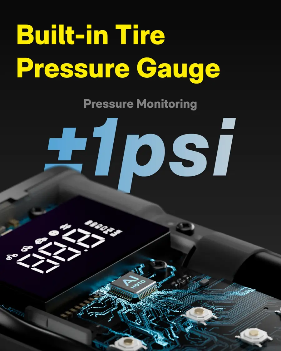 Built-in Tire Pressure Gauge: Pressure Monitoring +1psi