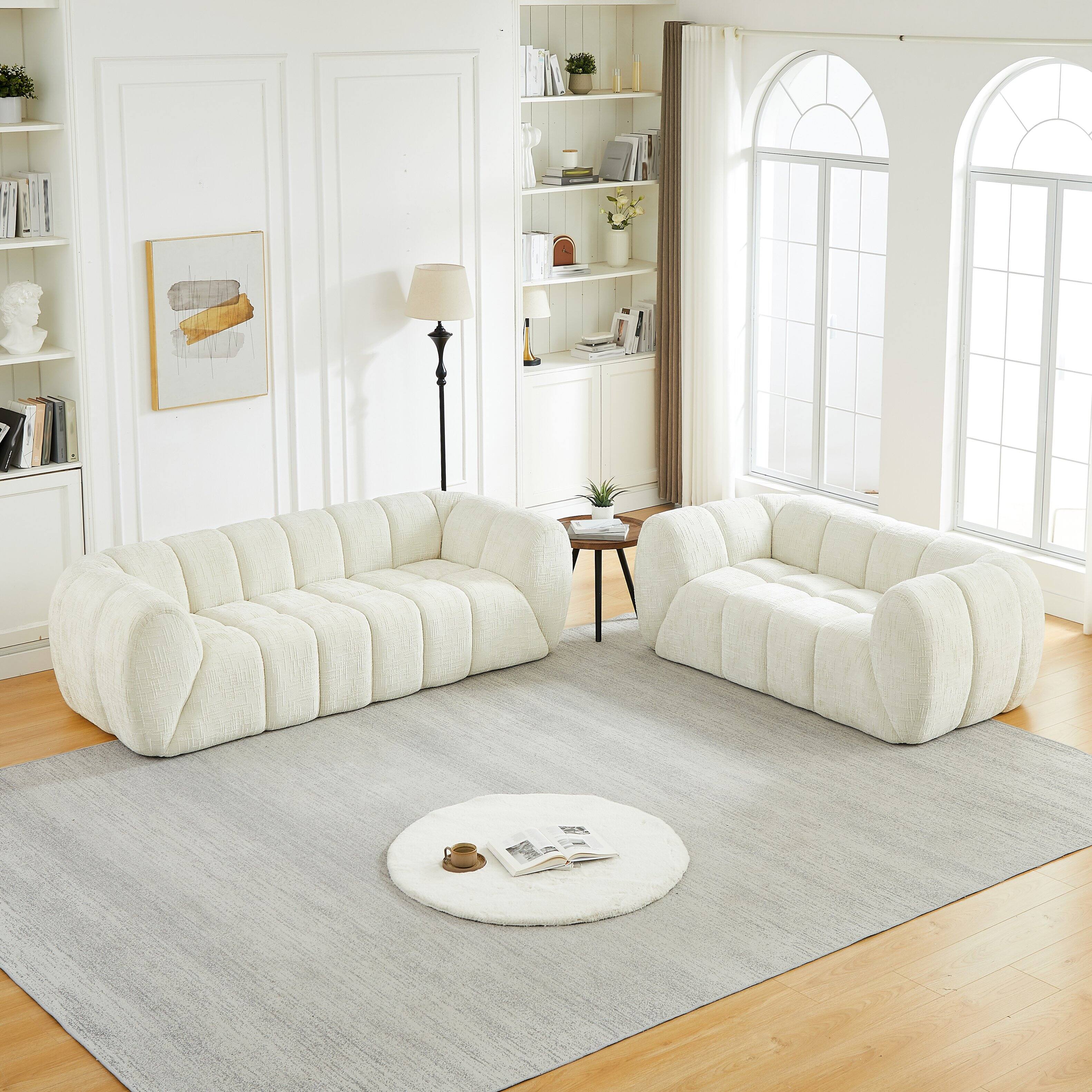 Back. Anysun - Chenille Pure Foam Sofa Set – 3+2 Modern Quilted Cloud Sofa, Deep-Seat Chenille, Comfortable 3-Seater & 2-Seater Sofa - Beige.