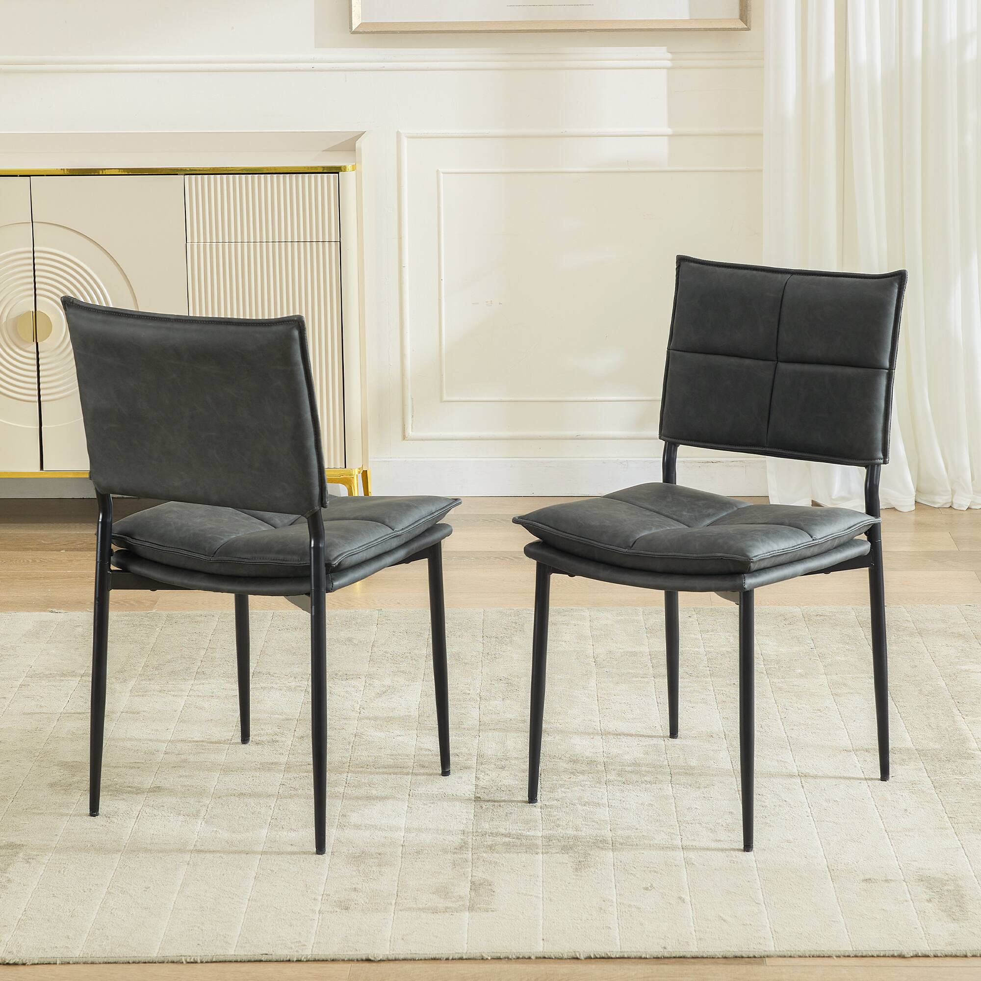 Angle. KERDOM - Upholstered Kitchen Side Chairs Set of 2, Mid-Century PU Leather Dinner Chairs with Back and Metal Legs for Restaurant - Grey.