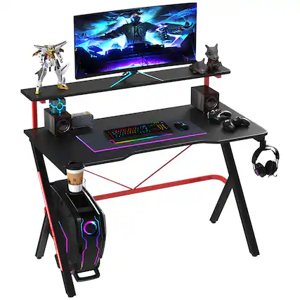 Front. TinyHomie - 47In Racing Computer Desk Home Office Workstation with Elevated Monitor Shelf Rotatable Cup Holder Headphone Hook Black - Black.