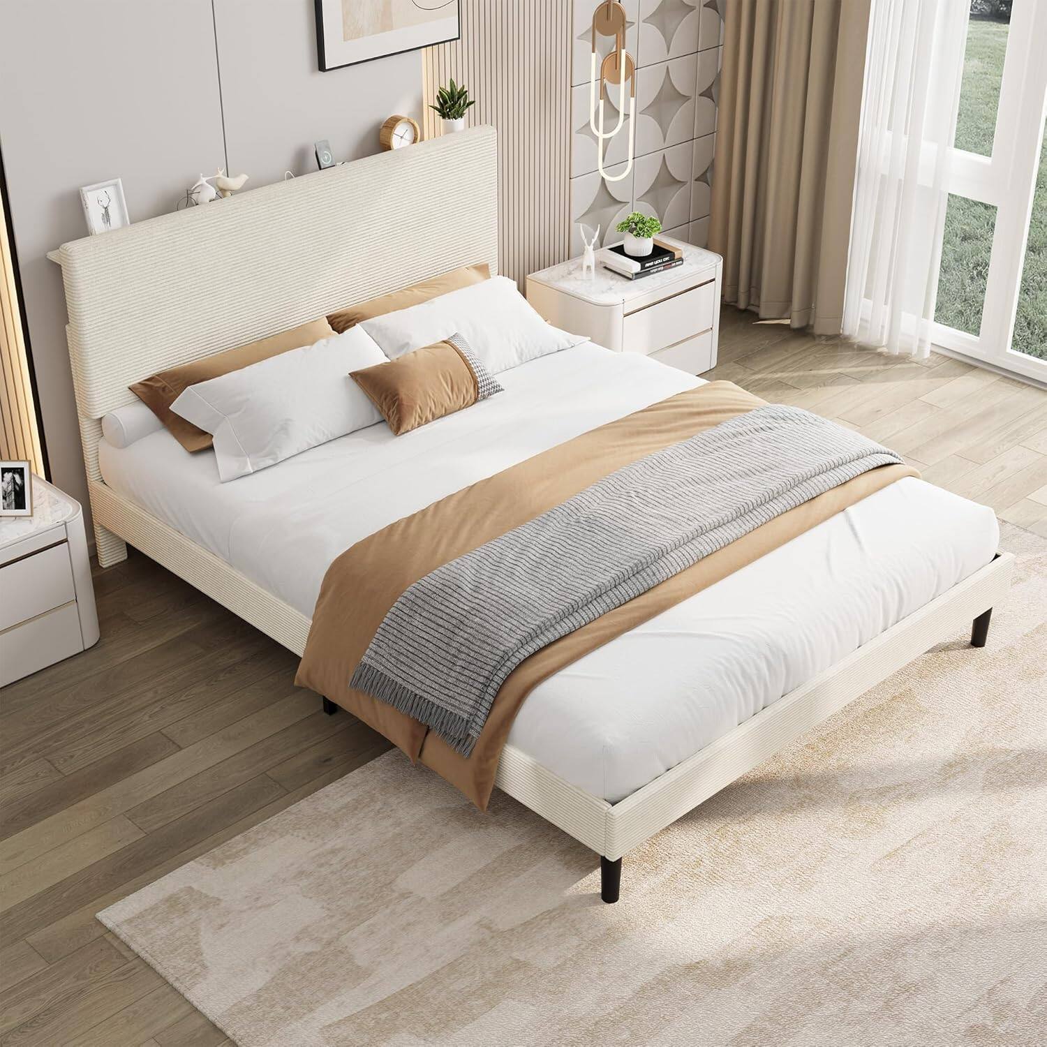 Front. Babevy - Upholstered Platform Bed Frame with USB Charging Station, Adjustable Storage Headboard, No Box Spring Needed - Beige.