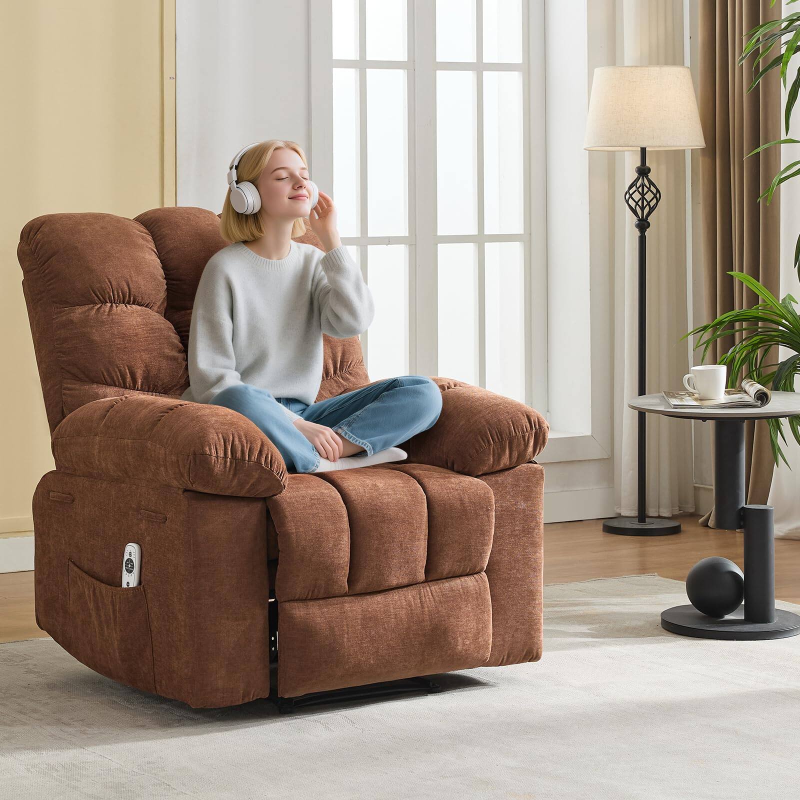 Alt View 1. Babevy - 35.4" Wide Oversized Manual Recliner with Massage and Heat, Fabric Recliner Chair with 2 Side Pockets - Brown.