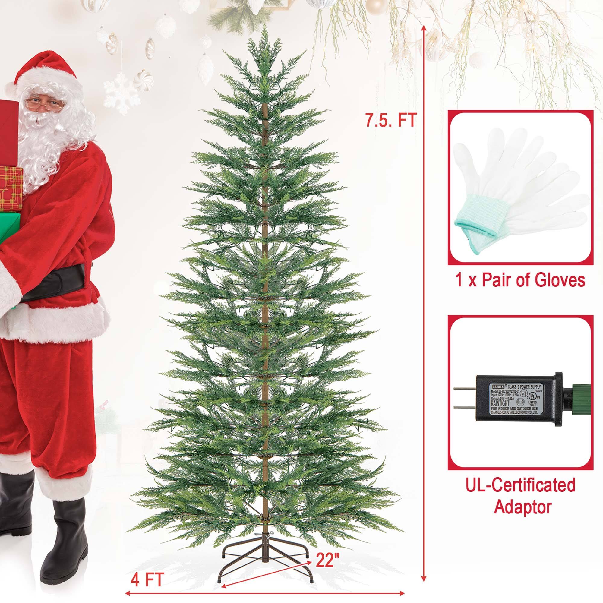 The image features a Santa Claus holding a Christmas tree. The tree is described as a 7.5-foot tree, and it is accompanied by a pair of gloves. The image also includes a UL-certified adaptor, which is a device that ensures the safe and efficient use of electrical appliances. The overall theme of the image is centered around the holiday season and the joy it brings.