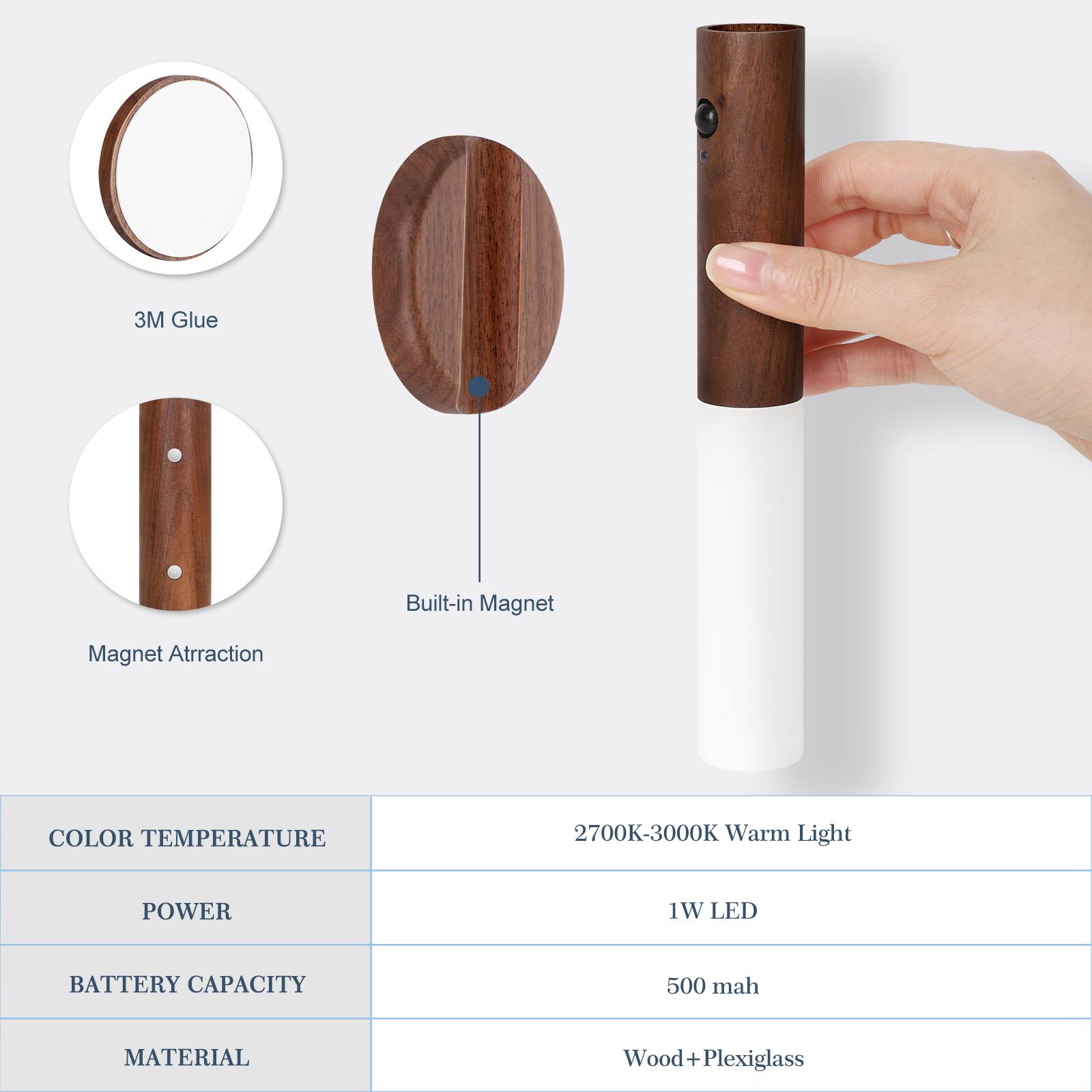 3M Glue  
Built-in Magnet  
Magnet Attraction  
COLOR TEMPERATURE  
2700K-3000K Warm Light  
POWER  
1W LED  
BATTERY CAPACITY  
500 mah  
MATERIAL  
Wood+Plexiglass