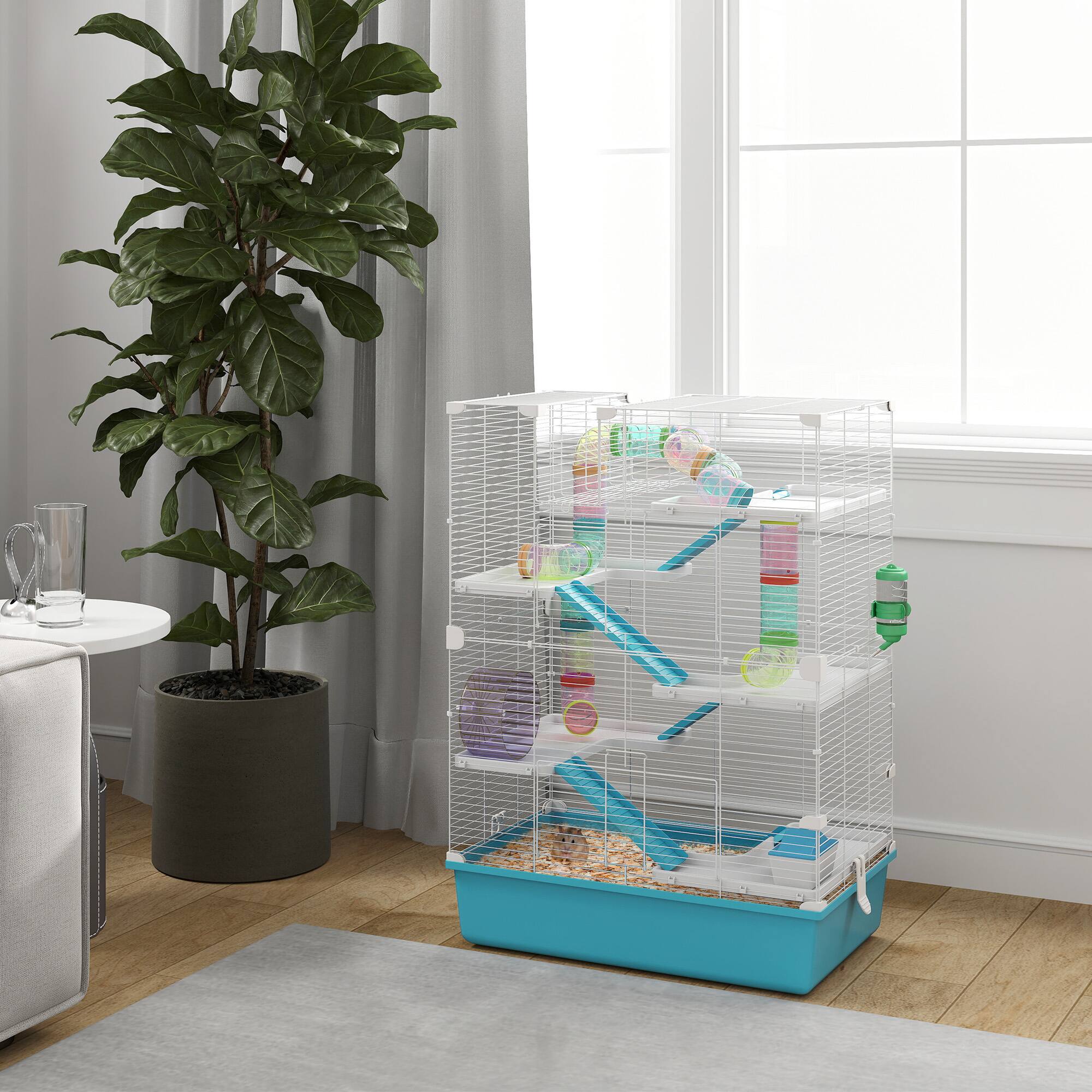 Angle. Pawhut - Hamster Cage, 6 Tier Small Animal Cage with Tubes, Tunnels, 32" DIY Design with Hut, Wheel, Food Dish, Water Bottle.