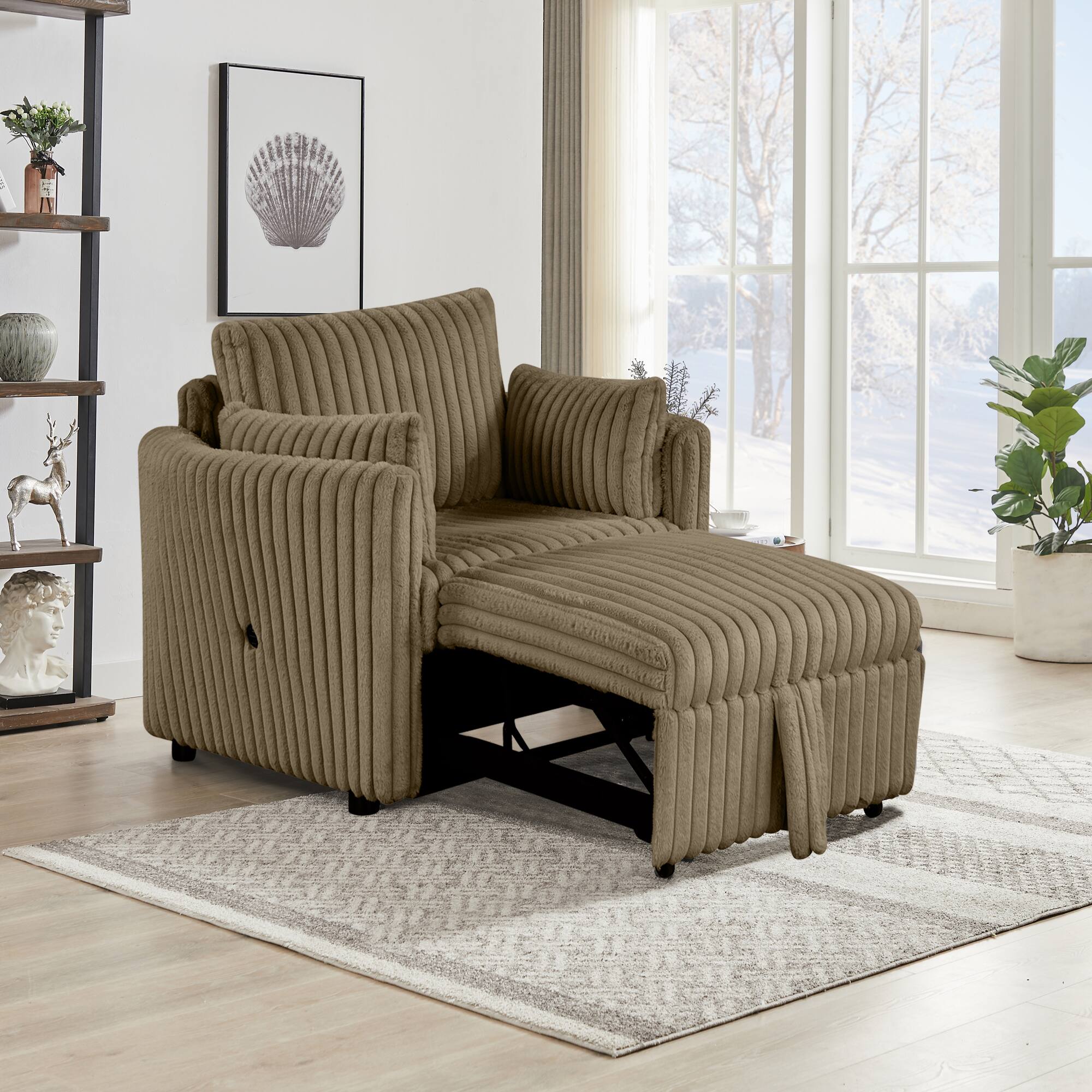 Left. Vaczon - Space-Saving Pull-Out Sleeper Chair Bed with Built-In USB Ports and Plush Pillows for Home, Dorm or Apartment - Dark khaki.
