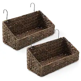 Casafield - 2pk Hanging Baskets w/ Hooks - Woven Hyacinth Wall Mount Storage Bins - Espresso