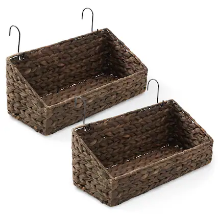 Front. Casafield - 2pk Hanging Baskets w/ Hooks - Woven Hyacinth Wall Mount Storage Bins - Espresso.