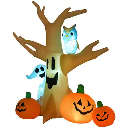 Front. PULUZ - 7.5' Tall Lighted Halloween Inflatables Outdoor Decorations Haunted Tree With Owl, Ghost, Pumpkins - Multi-Colored.