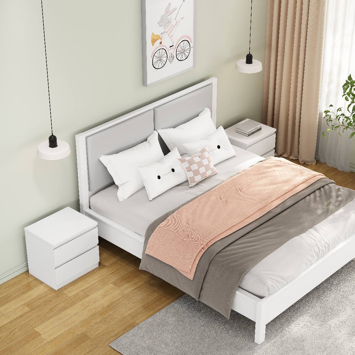 Back. Loheer - Loheer White Nightstand with 2 Drawers, Handle-Free Design, Compact Bedroom Bedside Table - White.