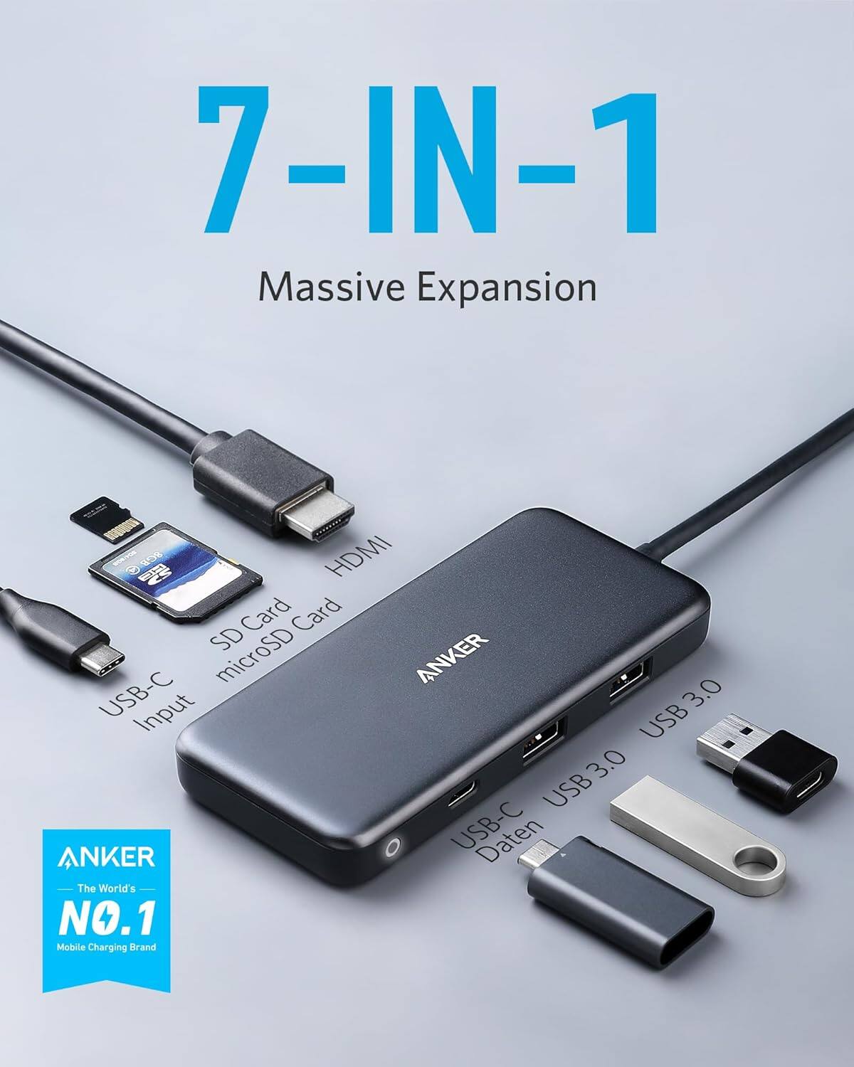 7-IN-1 Massive Expansion

RO HDMI Card
SD microSD
ANKER USB-C 3.0 Input
USB USB3.0
3.0 ANKER USB-C
Daten

The World's NO.1 Mobile Charging Brand