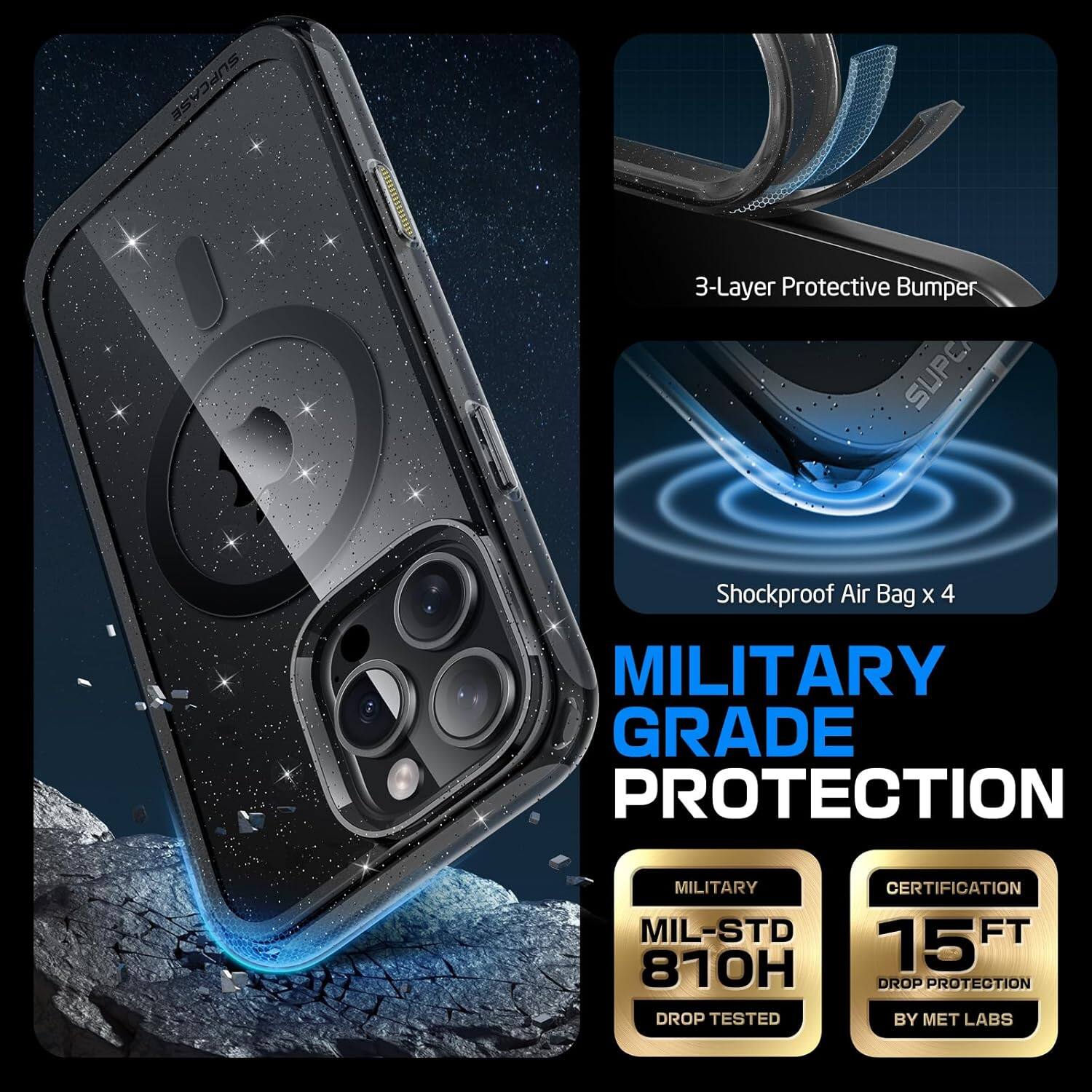 SUPCASE 3-Layer Protective Bumper SUPC Shockproof Air Bag x 4 MILITARY GRADE PROTECTION MIL-STD 810H DROP TESTED CERTIFICATION 15 FT DROP PROTECTION BY MET LABS