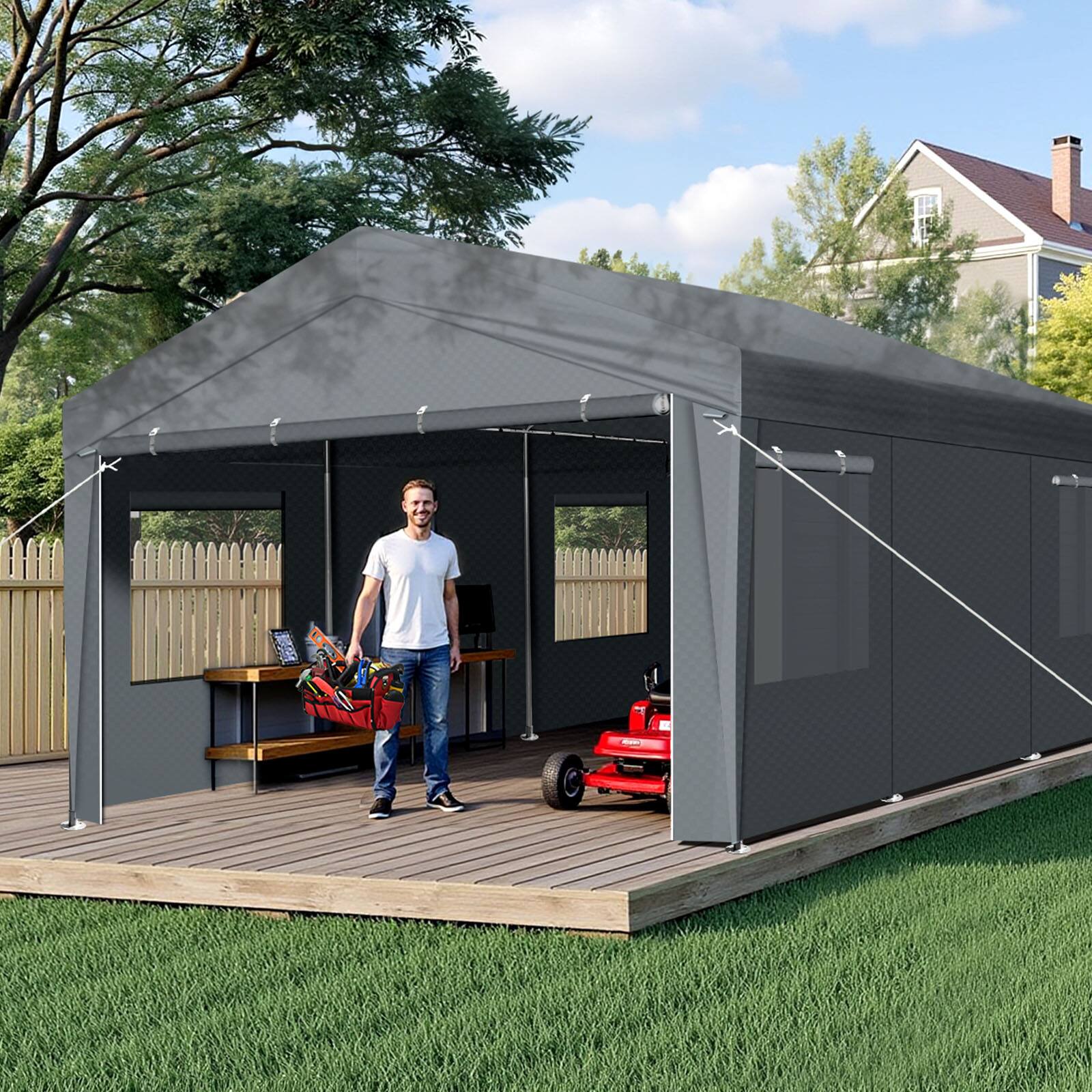 Angle. Winado - 10x20 Heavy Duty Carport with Galvanized Steel Frame, Portable Garage with 2 Roll-up Windows & Doors, Removable Sidewall.