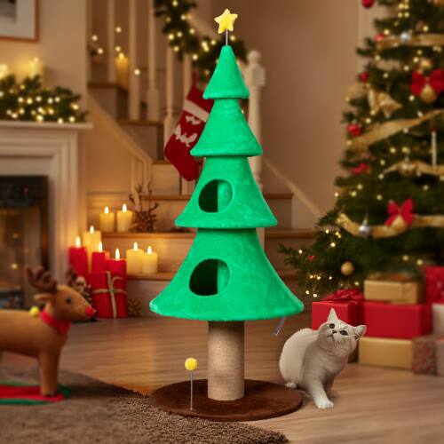 Alt View 8. Winado - 59in Christmas Tree Cat Tower Tree with 2 Cat Condos, Scratching Post with Teaser Toy, Sturdy Base for Indoor Cats Toy.