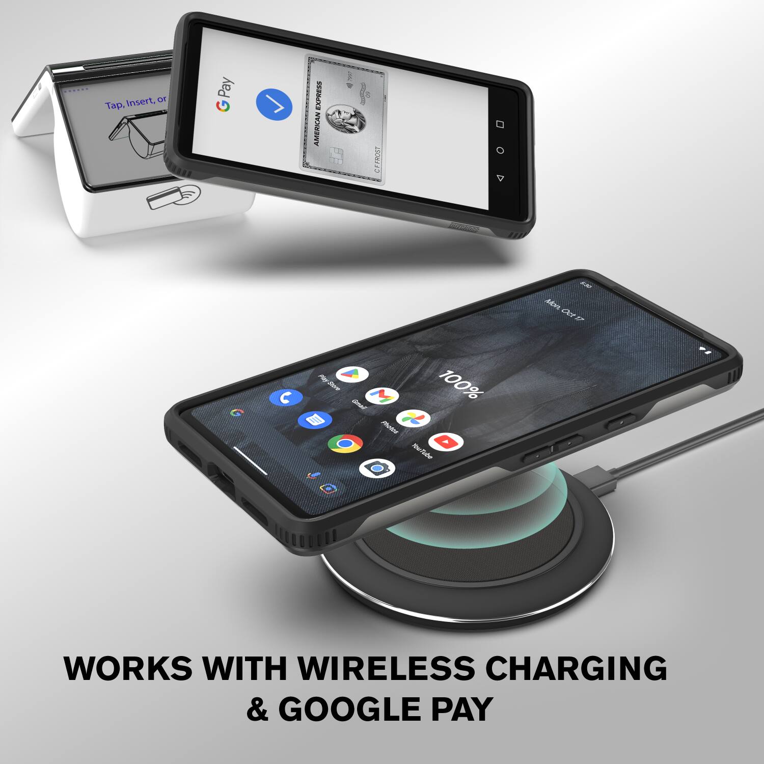 WORKS WITH WIRELESS CHARGING & GOOGLE PAY, Insert, or Tap. Pay EXPRESS AMERICAN CFFROST OO  CN sn Oct g  P ae M I anal M 100% Poden mulde D