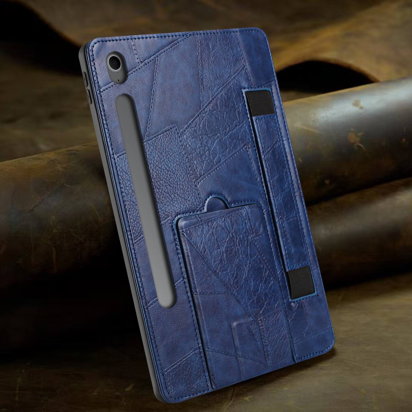 Alt View 2. Dteck - Leather Texture Case for Samsung Galaxy Tab S10 FE, Shockproof Cover with Multi-Angle Stand and Secure Hand Strap - Blue.