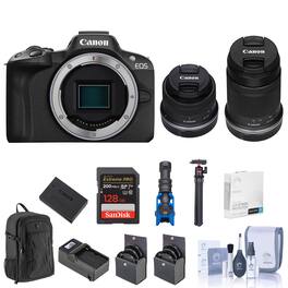 Bundle - Canon - EOS R50 Camera, Black with RF-S 18-45mm f/4.5-6.3, RF-S 55-210mm f/5-7.1 Lens, 128GB SD Card, Backpack, Battery,