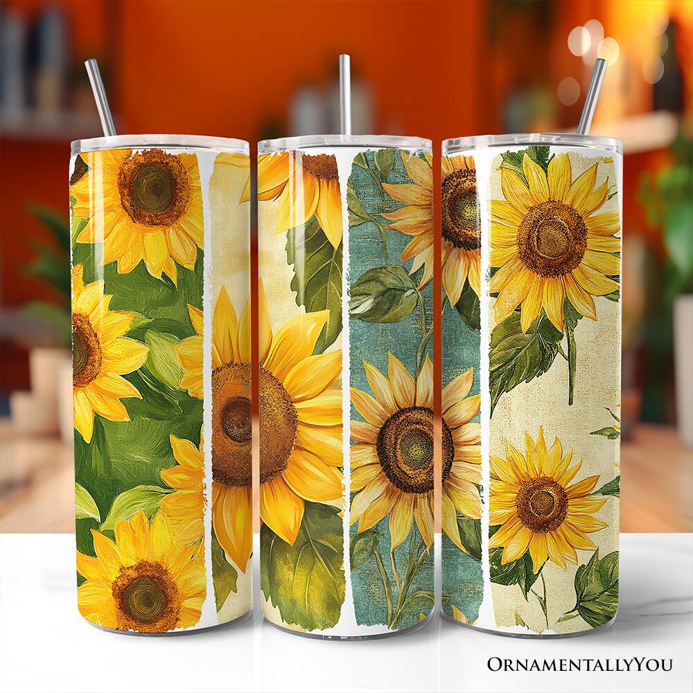 Back. OrnamentallyYou - Sunflowers Season 20oz Tumbler With Stainless Steel Straw, Brushstrokes Vacation Beach Gift Cup - Multicolored.