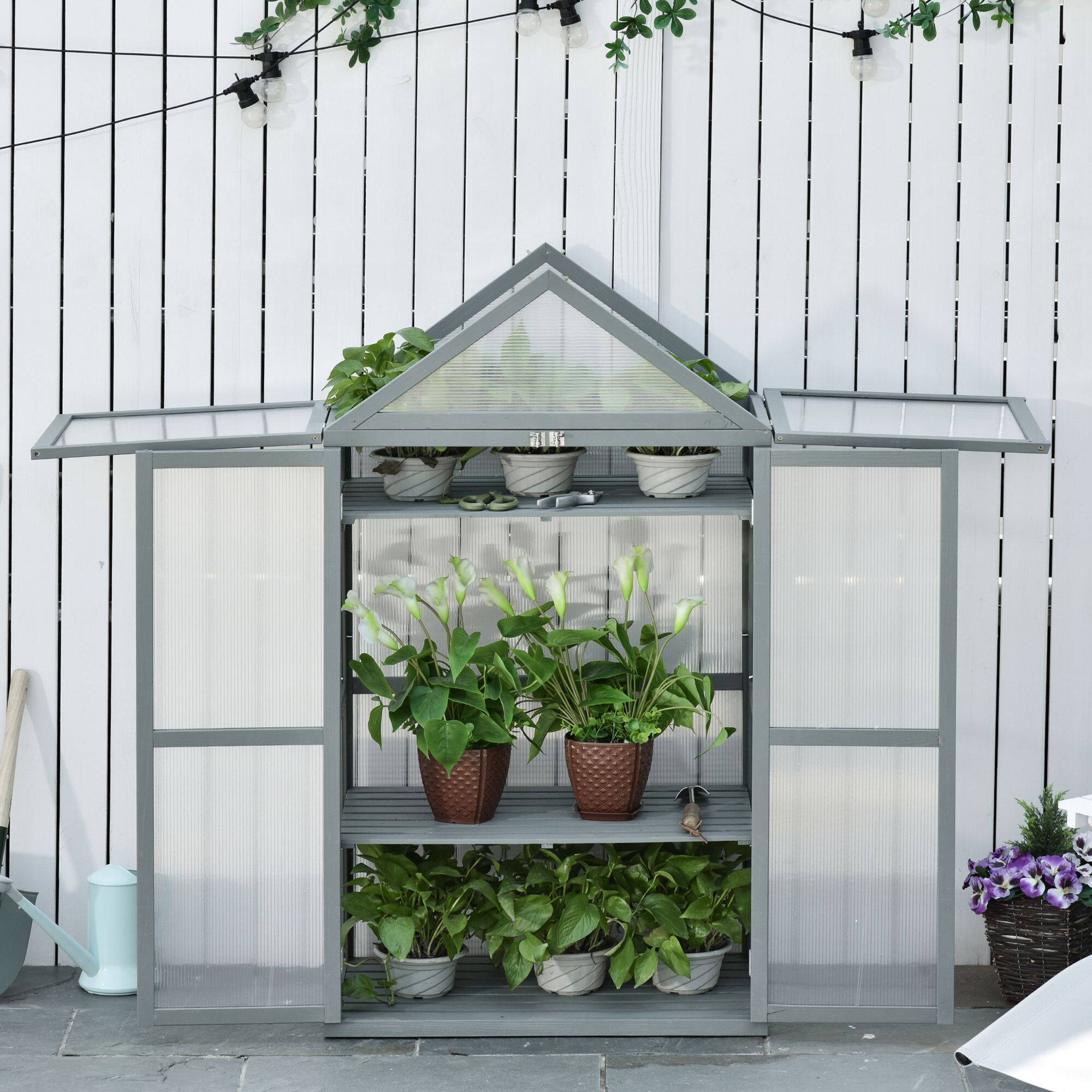Alt View 1. Outsunny - 32" x 19" x 54" Garden Wood Cold Frame Greenhouse Flower Planter with Adjustable Shelves, Double Doors.