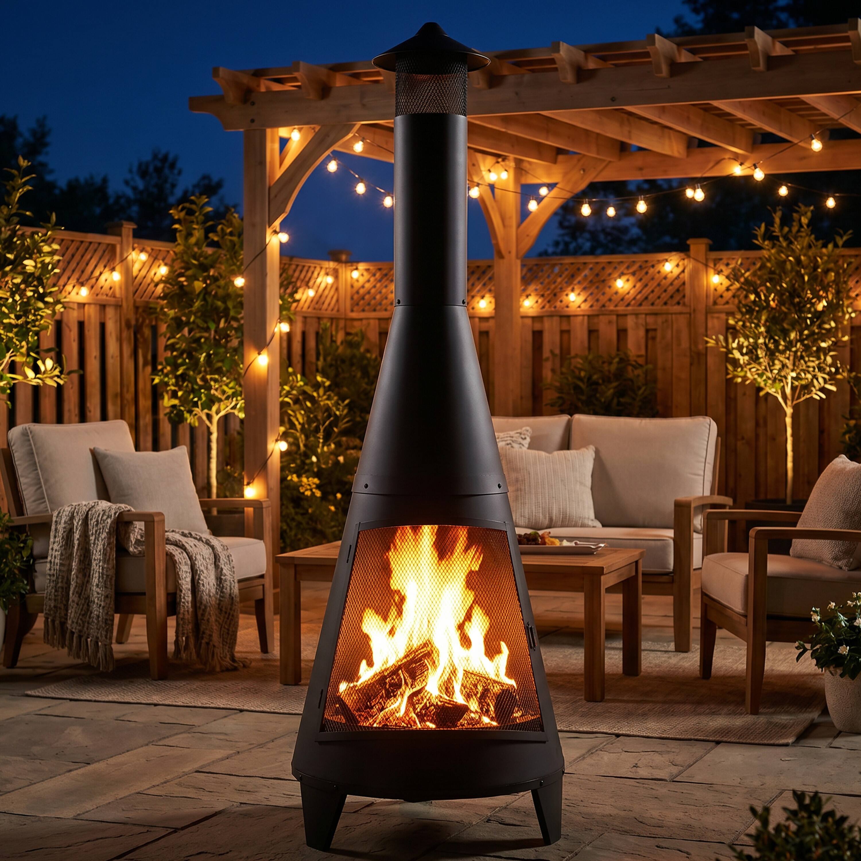 Alt View 2. Sunnydaze - 70 in Steel Wood Burning Chiminea Fire Pit with Rain Cap - Black.