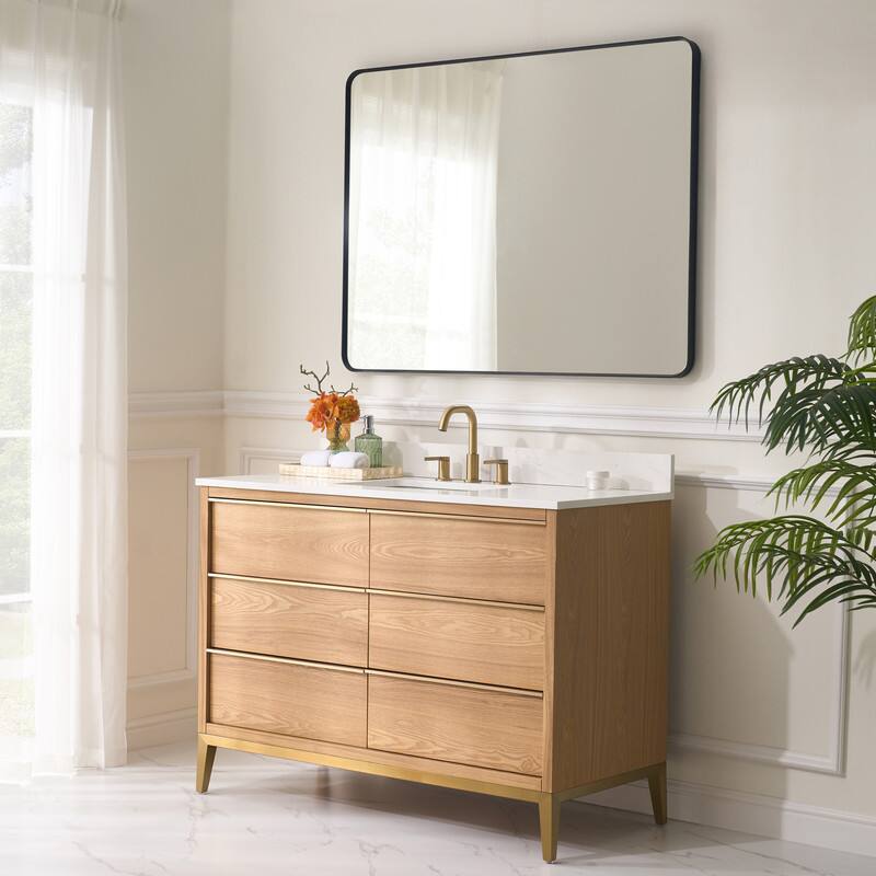 Angle. WELLFOR - 48 in Freestanding Solid Wood Bathroom Vanity with Carrara White Quartz Vanity Top & 6 Soft-Close Drawers and Backsplash - Oak.