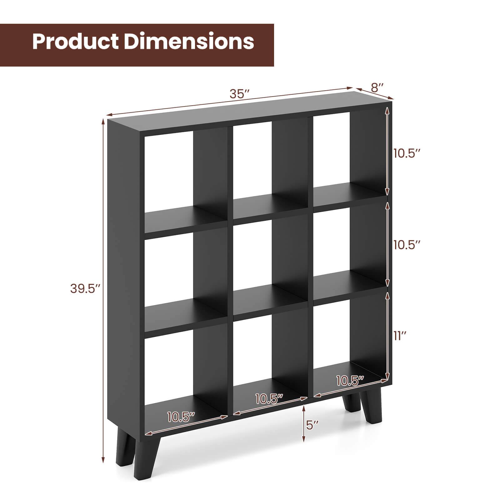 Product Dimensions:  
35" x 8" x 39.5"  
10.5" (depth) x 10.5" (shelf height) x 11" (overall height)  
5" (leg width)